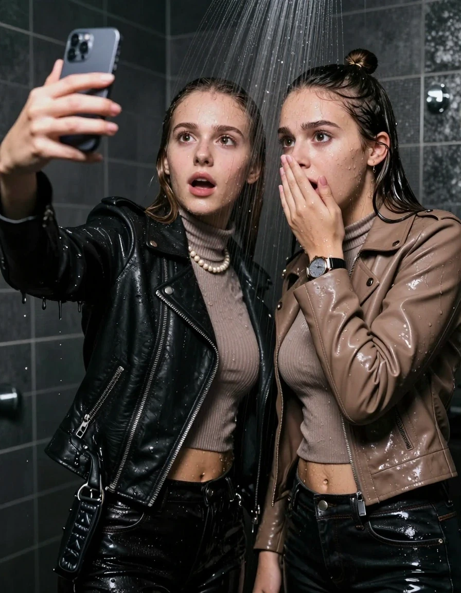 photo of young woman, in soaking wet, drenched clothes,
, , Black Biker leatherjacket and light brown leatherjacket, tight knit turtleneck sweater belly free, handbag, pearl necklace, bracelet, wristwatch, Under the shower, strong jet of water, party room, 
enjoying, wet clothes stuck to body,
detailed textures of the wet clothes, wet face, wet plastered hair,
wet, drenched, professional, high-quality details, full body view.
sharp focus, ultra-high pixel detail, realistic, high-quality, full colors, incredibly detailed, 4k, 8k, 16k, hyper-realistic, RAW photo, masterpiece, ultra-detailed, professionally color graded, professional photograph, sleek long straight hair and topknot

 two 15 years old  teenage girls

Only head and shoulders are over the surface visible. Open mouth, big eyes. Looking at camera. Hold her hand in front of her nose. one girl take a selfie with her smartphone.

The girls wear different clothes.

she is completely underwater up to her neck, afraid and astonished expression. 

her clothing is soaking wet and clinging tightly to her skin, showing heavy wet folds, darkened fabric texture, and deep water-saturated Patches, her clothes are heavy from the water, water runs from her body and her clothes in streams. A lot of water also runs out of her clothes. Her clothes are darkened by the water. Her submerged clothes are good visible under the water.  she soaked her handbag into the water.

close up view, wet skin, wet clothes, wet hair, damp fabric, water runs down the clothes, wet skin, wet clothes, damp fabric. cinematic medium shot, hyper-realistic wetness, high-contrast water sheen, sharp focus, 16k resolution, professional photography, realistic water physics., wet skin, wet clothes, damp fabric, wet skin, wet clothes, damp fabric, wet skin, wet clothes, damp fabric