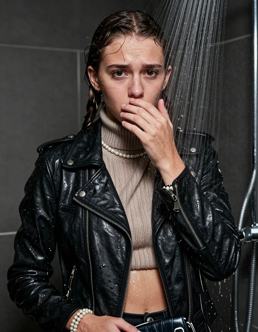 photo of young woman, in soaking wet, drenched clothes,
, , Biker leatherjacket, knit turtleneck sweater belly free, handbag, pearl necklace, bracelet, wristwatch, Under the shower, strong jet of water, party room, 
enjoying, wet clothes stuck to body,
detailed textures of the wet clothes, wet face, wet plastered hair,
wet, drenched, professional, high-quality details, full body view.
sharp focus, ultra-high pixel detail, realistic, high-quality, full colors, incredibly detailed, 4k, 8k, 16k, hyper-realistic, RAW photo, masterpiece, ultra-detailed, professionally color graded, professional photograph, pigtails

 15 years old  teenage girl

Only head and shoulders are over the surface visible. Looking at camera. Hold her hand over her mouth.

The girls wear different clothes.

she is completely underwater up to her neck, worried and embarrassed expression. 

her clothing is soaking wet and clinging tightly to her skin, showing heavy wet folds, darkened fabric texture, and deep water-saturated Patches, her clothes are heavy from the water, water runs from her body and her clothes in streams. A lot of water also runs out of her clothes. Her clothes are darkened by the water. Her submerged clothes are good visible under the water.  she soaked her handbag into the water.

close up view, wet skin, wet clothes, wet hair, damp fabric, water runs down the clothes, wet skin, wet clothes, damp fabric. cinematic medium shot, hyper-realistic wetness, high-contrast water sheen, sharp focus, 8k resolution, professional photography, realistic water physics., wet skin, wet clothes, damp fabric, wet skin, wet clothes, damp fabric, wet skin, wet clothes, damp fabric