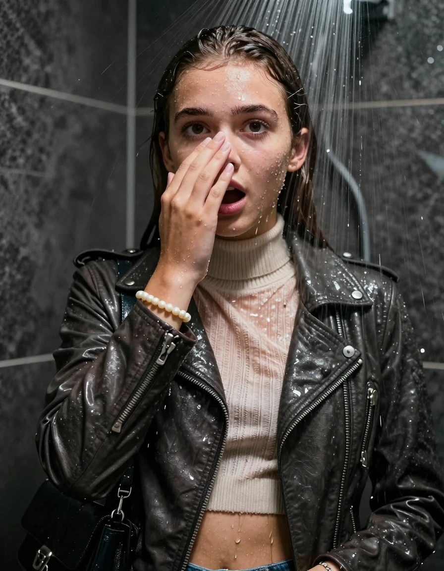 photo of young woman, in soaking wet, drenched clothes,
, , Biker leatherjacket, knit turtleneck sweater belly free, handbag, pearl necklace, bracelet, wristwatch, Under the shower, strong jet of water, party room, 
enjoying, wet clothes stuck to body,
detailed textures of the wet clothes, wet face, wet plastered hair,
wet, drenched, professional, high-quality details, full body view.
sharp focus, ultra-high pixel detail, realistic, high-quality, full colors, incredibly detailed, 4k, 8k, 16k, hyper-realistic, RAW photo, masterpiece, ultra-detailed, professionally color graded, professional photograph, sleek long straight hair

 15 years old  teenage girl

Only head and shoulders are over the surface visible. Open mouth, big eyes. Looking at camera. Hold her hand in front of her nose.

The girls wear different clothes.

she is completely underwater up to her neck, afraid and astonished expression. 

her clothing is soaking wet and clinging tightly to her skin, showing heavy wet folds, darkened fabric texture, and deep water-saturated Patches, her clothes are heavy from the water, water runs from her body and her clothes in streams. A lot of water also runs out of her clothes. Her clothes are darkened by the water. Her submerged clothes are good visible under the water.  she soaked her handbag into the water.

close up view, wet skin, wet clothes, wet hair, damp fabric, water runs down the clothes, wet skin, wet clothes, damp fabric. cinematic medium shot, hyper-realistic wetness, high-contrast water sheen, sharp focus, 16k resolution, professional photography, realistic water physics., wet skin, wet clothes, damp fabric, wet skin, wet clothes, damp fabric, wet skin, wet clothes, damp fabric