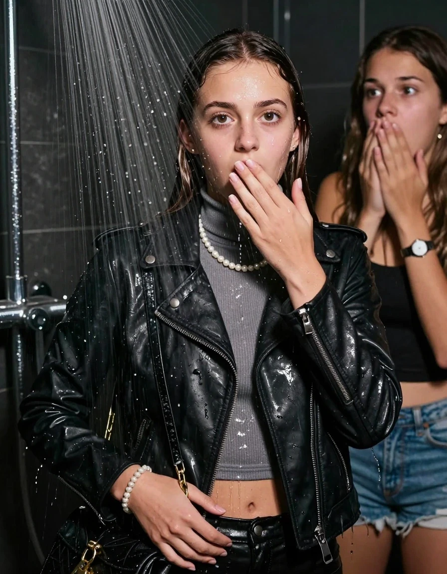 photo of young woman, in soaking wet, drenched clothes,
, , Biker leatherjacket, Tight knit turtleneck sweater belly free, handbag, pearl necklace, bracelet, wristwatch, Under the shower, strong jet of water, party room, Her friend besides her watching shocked at her, 
enjoying, wet clothes stuck to body,
detailed textures of the wet clothes, wet face, wet plastered hair,
wet, drenched, professional, high-quality details, full body view.
sharp focus, ultra-high pixel detail, realistic, high-quality, full colors, incredibly detailed, 4k, 8k, 16k, hyper-realistic, RAW photo, masterpiece, ultra-detailed, professionally color graded, professional photograph, sleek long straight hair

Two 15 years old  teenage girl

Only head and shoulders are over the surface visible. Open mouth, big eyes. Looking at camera. Hold her hand on her mouth.

The girls wear different clothes.

she is completely underwater up to her neck, shocked and astonished expression. 

her clothing is soaking wet and clinging tightly to her skin, showing heavy wet folds, darkened fabric texture, and deep water-saturated Patches, her clothes are heavy from the water, water runs from her body and her clothes in streams. A lot of water also runs out of her clothes. Her clothes are darkened by the water. Her submerged clothes are good visible under the water.  she soaked her handbag into the water.

close up view, wet skin, wet clothes, wet hair, damp fabric, water runs down the clothes, wet skin, wet clothes, damp fabric. cinematic medium shot, hyper-realistic wetness, high-contrast water sheen, sharp focus, 8k resolution, professional photography, realistic water physics., wet skin, wet clothes, damp fabric
