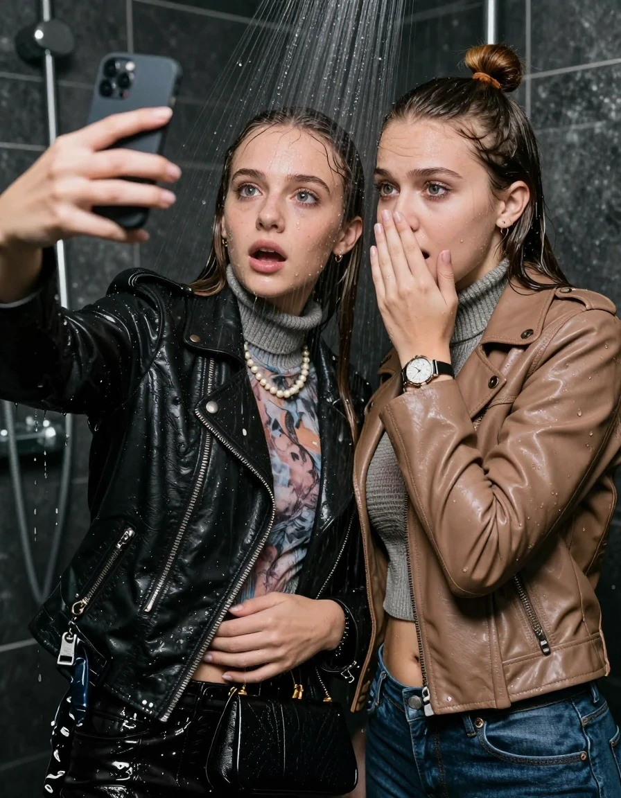 photo of young woman, in soaking wet, drenched clothes,
, , Black Biker leatherjacket and light brown leatherjacket, knit turtleneck sweater belly free, handbag, pearl necklace, bracelet, wristwatch, Under the shower, strong jet of water, party room, 
enjoying, wet clothes stuck to body,
detailed textures of the wet clothes, wet face, wet plastered hair,
wet, drenched, professional, high-quality details, full body view.
sharp focus, ultra-high pixel detail, realistic, high-quality, full colors, incredibly detailed, 4k, 8k, 16k, hyper-realistic, RAW photo, masterpiece, ultra-detailed, professionally color graded, professional photograph, sleek long straight hair and topknot

 two 15 years old  teenage girls

Only head and shoulders are over the surface visible. Open mouth, big eyes. Looking at camera. Hold her hand in front of her nose. one girl take a selfie with her smartphone.

The girls wear different clothes.

she is completely underwater up to her neck, afraid and astonished expression. 

her clothing is soaking wet and clinging tightly to her skin, showing heavy wet folds, darkened fabric texture, and deep water-saturated Patches, her clothes are heavy from the water, water runs from her body and her clothes in streams. A lot of water also runs out of her clothes. Her clothes are darkened by the water. Her submerged clothes are good visible under the water.  she soaked her handbag into the water.

close up view, wet skin, wet clothes, wet hair, damp fabric, water runs down the clothes, wet skin, wet clothes, damp fabric. cinematic medium shot, hyper-realistic wetness, high-contrast water sheen, sharp focus, 16k resolution, professional photography, realistic water physics., wet skin, wet clothes, damp fabric, wet skin, wet clothes, damp fabric, wet skin, wet clothes, damp fabric, wet skin, wet clothes, damp fabric