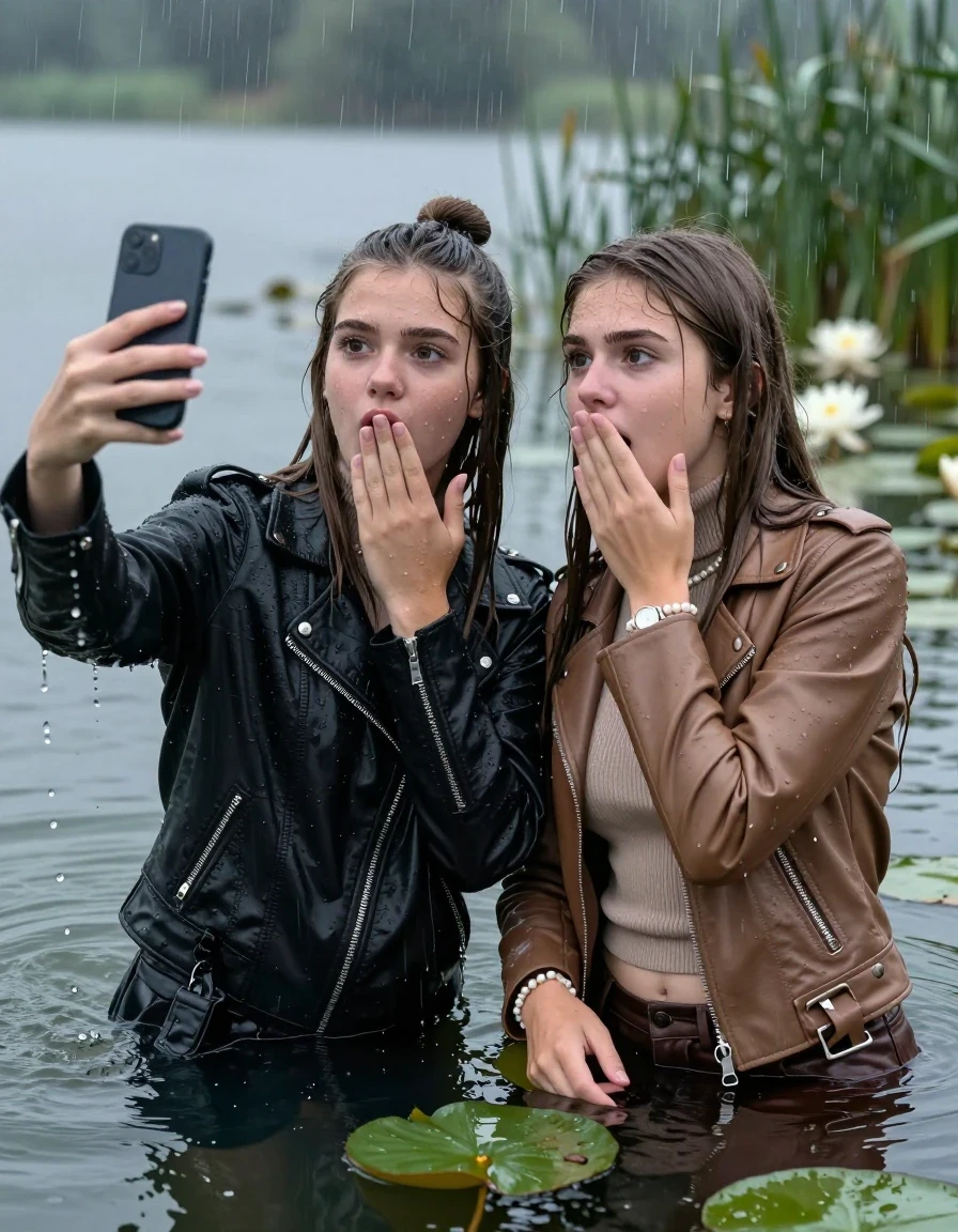 photo of young woman, in soaking wet, drenched clothes,
, , Black Biker leatherjacket and light brown leatherjacket, tight knit turtleneck sweater belly free, handbag, pearl necklace, bracelet, wristwatch, Emerging after diving in a lake with water lilies and reeds, heavy rain falls directely on her heads, 
enjoying, wet clothes stuck to body,
detailed textures of the wet clothes, wet face, wet plastered hair,
wet, drenched, professional, high-quality details, full body view.
sharp focus, ultra-high pixel detail, realistic, high-quality, full colors, incredibly detailed, 4k, 8k, 16k, hyper-realistic, RAW photo, masterpiece, ultra-detailed, professionally color graded, professional photograph, sleek long straight hair and topknot

 two 15 years old  teenage girls

Only head and shoulders are over the surface visible. Open mouth, big eyes. Looking at camera. one Hold her hands onver her mouth. one hold one hand on her mouth and take with the other hand a selfie with her smartphone.

The girls wear different clothes.

she is completely underwater up to her neck, horny and astonished expression. 

her clothing is soaking wet and clinging tightly to her skin, showing heavy wet folds, darkened fabric texture, and deep water-saturated Patches, her clothes are heavy from the water, water runs from her body and her clothes in streams. A lot of water also runs out of her clothes. Her clothes are darkened by the water. Her submerged clothes are good visible under the water.  she soaked her handbag into the water.

close up view, wet skin, wet clothes, wet hair, damp fabric, water runs down the clothes, wet skin, wet clothes, damp fabric. cinematic medium shot, hyper-realistic wetness, high-contrast water sheen, sharp focus, 16k resolution, professional photography, realistic water physics., wet skin, wet clothes, damp fabric, wet skin, wet clothes, damp fabric, wet skin, wet clothes, damp fabric