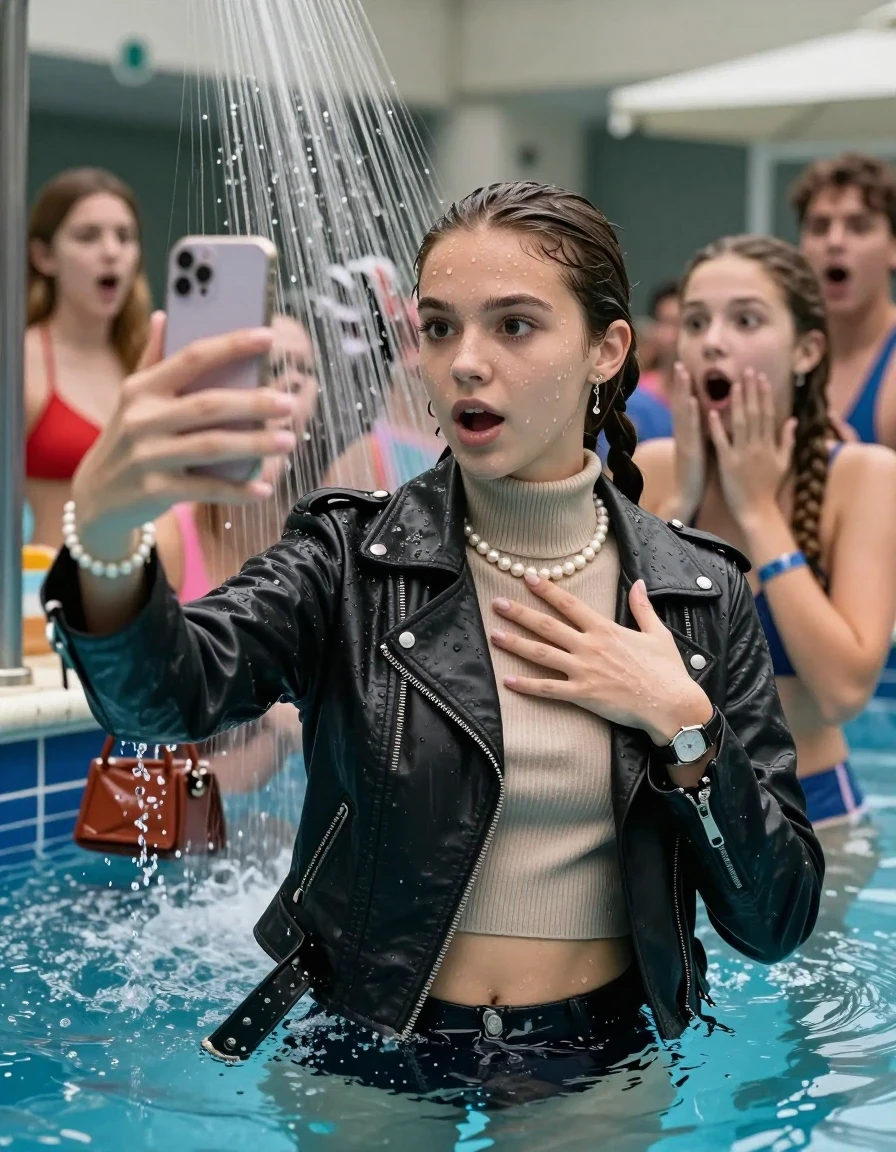 photo of young woman, in soaking wet, drenched clothes,
, , Biker leatherjacket, Tight knit turtleneck sweater belly free, handbag, pearl necklace, bracelet, wristwatch, Under the pool shower, strong jet of water, indoor swimming pool, pool party, her different clothed friends watching her shocked from the edge, 
enjoying, wet clothes stuck to body,
detailed textures of the wet clothes, wet face, wet plastered hair,
wet, drenched, professional, high-quality details, full body view.
sharp focus, ultra-high pixel detail, realistic, high-quality, full colors, incredibly detailed, 4k, 8k, 16k, hyper-realistic, RAW photo, masterpiece, ultra-detailed, professionally color graded, professional photograph, sleek long twisted ponytail

Two 15 years old  teenage girl

Only head and shoulders are over the surface visible. Open mouth, big eyes. Looking at camera. Hold her hand in front of her chest. take a selfie with her smartphone.

The girls wear different clothes.

she is completely underwater up to her neck, surprised and astonished expression. 

her submerged clothes are hardly vusible under water, she soaked her handbag into the water

close up view, wet skin, wet clothes, wet hair, damp fabric, water runs down the clothes, wet skin, wet clothes, damp fabric., wet skin, wet clothes, damp fabric, wet skin, wet clothes, damp fabric, wet skin, wet clothes, damp fabric, wet skin, wet clothes, damp fabric, wet skin, wet clothes, damp fabric, wet skin, wet clothes, damp fabric, wet skin, wet clothes, damp fabric, wet skin, wet clothes, damp fabric, wet skin, wet clothes, damp fabric