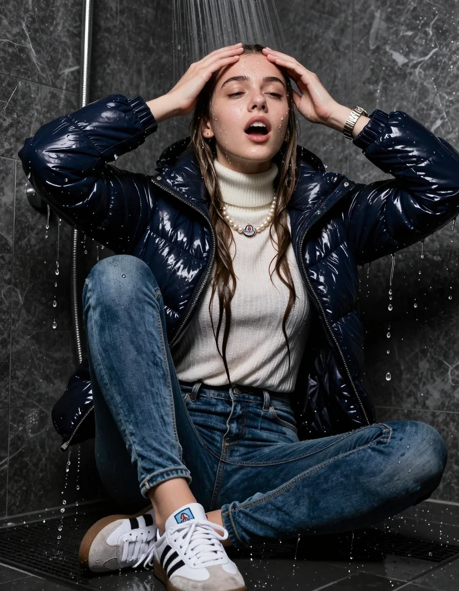 photo of young woman, in soaking wet, drenched clothes,
White sneakers Adidas Samba black striped, Tight Skinny jeans, Moncler shiny puffer down jacket , white knit turtleneck sweater, handbag, pearl necklace, bracelet, wristwatch, Under the shower, strong jet of water, party room, 
enjoying, wet clothes stuck to body,
detailed textures of the wet clothes, wet face, wet plastered hair,
wet, drenched, professional, high-quality details, full body view.
sharp focus, ultra-high pixel detail, realistic, high-quality, full colors, incredibly detailed, 4k, 8k, 16k, hyper-realistic, RAW photo, masterpiece, ultra-detailed, professionally color graded, professional photograph, sleek long straight hair, wer plastered hair

 15-years-old teenage girl

Only head and shoulders are over the surface visible. Open mouth, closed eyes. Looking up. Hold her hands on her forehead.

The girls wear different clothes.

she is completely underwater up to her neck, surprised and astonished expression. 

her clothing is soaking wet and clinging tightly to her skin, showing heavy wet folds, darkened fabric texture, and deep water-saturated Patches, her clothes are heavy from the water, water runs from her body and her clothes in streams. A lot of water also runs out of her clothes. Her clothes are darkened by the water. Her submerged clothes are good visible under the water.  she soaked her handbag into the water.

close up view, wet skin, wet clothes, wet hair, damp fabric, water runs down the clothes, wet skin, wet clothes, damp fabric. cinematic medium shot, hyper-realistic wetness, high-contrast water sheen, sharp focus, 16k resolution, professional photography, realistic water physics., wet skin, wet clothes, damp fabric, wet skin, wet clothes, damp fabric, wet skin, wet clothes, damp fabric