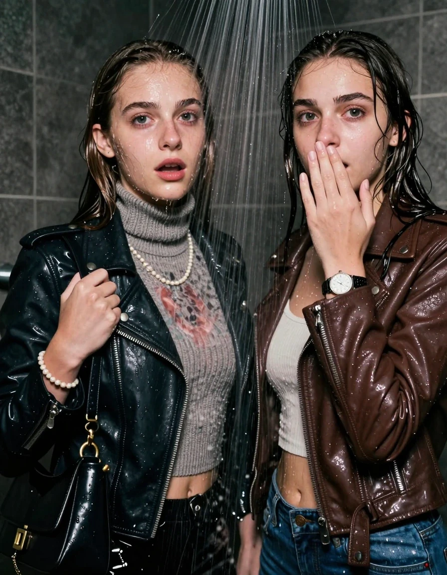 photo of young woman, in soaking wet, drenched clothes,
, , Biker leatherjacket, knit turtleneck sweater belly free, handbag, pearl necklace, bracelet, wristwatch, Under the shower, strong jet of water, party room, 
enjoying, wet clothes stuck to body,
detailed textures of the wet clothes, wet face, wet plastered hair,
wet, drenched, professional, high-quality details, full body view.
sharp focus, ultra-high pixel detail, realistic, high-quality, full colors, incredibly detailed, 4k, 8k, 16k, hyper-realistic, RAW photo, masterpiece, ultra-detailed, professionally color graded, professional photograph, sleek long straight hair

 two 15 years old  teenage girls

Only head and shoulders are over the surface visible. Open mouth, big eyes. Looking at camera. Hold her hand in front of her nose.

The girls wear different clothes.

she is completely underwater up to her neck, afraid and astonished expression. 

her clothing is soaking wet and clinging tightly to her skin, showing heavy wet folds, darkened fabric texture, and deep water-saturated Patches, her clothes are heavy from the water, water runs from her body and her clothes in streams. A lot of water also runs out of her clothes. Her clothes are darkened by the water. Her submerged clothes are good visible under the water.  she soaked her handbag into the water.

close up view, wet skin, wet clothes, wet hair, damp fabric, water runs down the clothes, wet skin, wet clothes, damp fabric. cinematic medium shot, hyper-realistic wetness, high-contrast water sheen, sharp focus, 16k resolution, professional photography, realistic water physics., wet skin, wet clothes, damp fabric, wet skin, wet clothes, damp fabric, wet skin, wet clothes, damp fabric