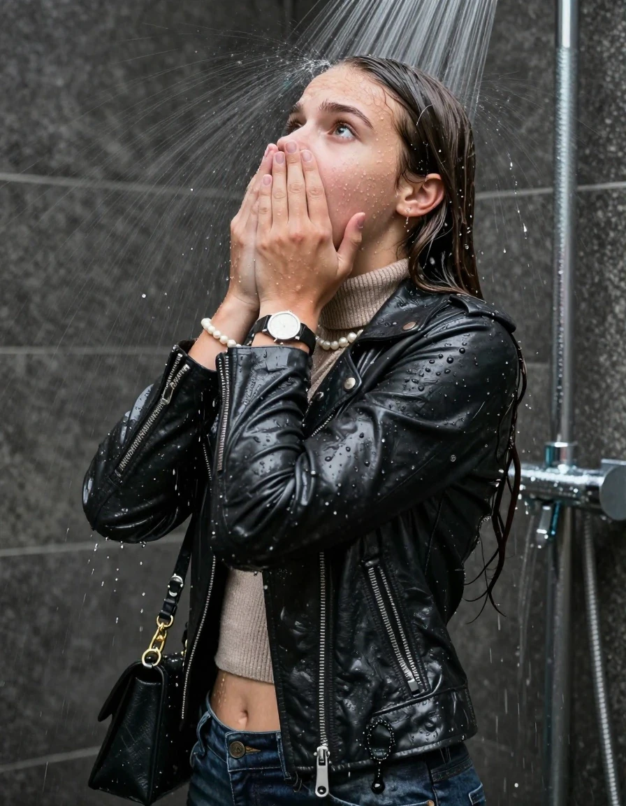 photo of young woman, in soaking wet, drenched clothes,
, , biker leatherjacket, knit turtleneck sweater belly free, handbag, pearl necklace, bracelet, wristwatch, Under the shower, strong jet of water, party shower, 
enjoying, wet clothes stuck to body,
detailed textures of the wet clothes, wet face, wet plastered hair,
wet, drenched, professional, high-quality details, full body view.
sharp focus, ultra-high pixel detail, realistic, high-quality, full colors, incredibly detailed, 4k, 8k, 16k, hyper-realistic, RAW photo, masterpiece, ultra-detailed, professionally color graded, professional photograph, sleek long straight hair

 15 years old  teenage girl

Only head and shoulders are over the surface visible. Looking back. The water splashes directly into her face. Hold her hands over her face.  open mouth, big eyes.

The girls wear different clothes.

she is completely underwater up to her neck, shocked and embarrassed expression. 

her clothing is soaking wet and clinging tightly to her skin, showing heavy wet folds, darkened fabric texture, and deep water-saturated Patches, her clothes are heavy from the water, water runs from her body and her clothes in streams. A lot of water also runs out of her clothes. Her clothes are darkened by the water. Her submerged clothes are good visible under the water.  she soaked her handbag into the water.

close up view, wet skin, wet clothes, wet hair, damp fabric, water runs down the clothes, wet skin, wet clothes, damp fabric. cinematic medium shot, hyper-realistic wetness, high-contrast water sheen, sharp focus, 16k resolution, professional photography, realistic water physics., wet skin, wet clothes, damp fabric, wet skin, wet clothes, damp fabric, wet skin, wet clothes, damp fabric