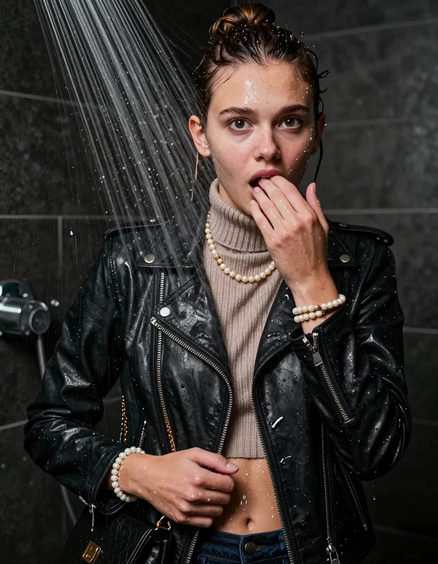 photo of young woman, in soaking wet, drenched clothes,
, , Biker leatherjacket, knit turtleneck sweater belly free, handbag, pearl necklace, bracelet, wristwatch, Under the shower, strong jet of water, party room, 
enjoying, wet clothes stuck to body,
detailed textures of the wet clothes, wet face, wet plastered hair,
wet, drenched, professional, high-quality details, full body view.
sharp focus, ultra-high pixel detail, realistic, high-quality, full colors, incredibly detailed, 4k, 8k, 16k, hyper-realistic, RAW photo, masterpiece, ultra-detailed, professionally color graded, professional photograph, topknot

 15 years old  teenage girl

Only head and shoulders are over the surface visible. Open mouth, big eyes. Looking at camera. Hold her hand on her mouth.

The girls wear different clothes.

she is completely underwater up to her neck, afraid and astonished expression. 

her clothing is soaking wet and clinging tightly to her skin, showing heavy wet folds, darkened fabric texture, and deep water-saturated Patches, her clothes are heavy from the water, water runs from her body and her clothes in streams. A lot of water also runs out of her clothes. Her clothes are darkened by the water. Her submerged clothes are good visible under the water.  she soaked her handbag into the water.

close up view, wet skin, wet clothes, wet hair, damp fabric, water runs down the clothes, wet skin, wet clothes, damp fabric. cinematic medium shot, hyper-realistic wetness, high-contrast water sheen, sharp focus, 8k resolution, professional photography, realistic water physics., wet skin, wet clothes, damp fabric, wet skin, wet clothes, damp fabric