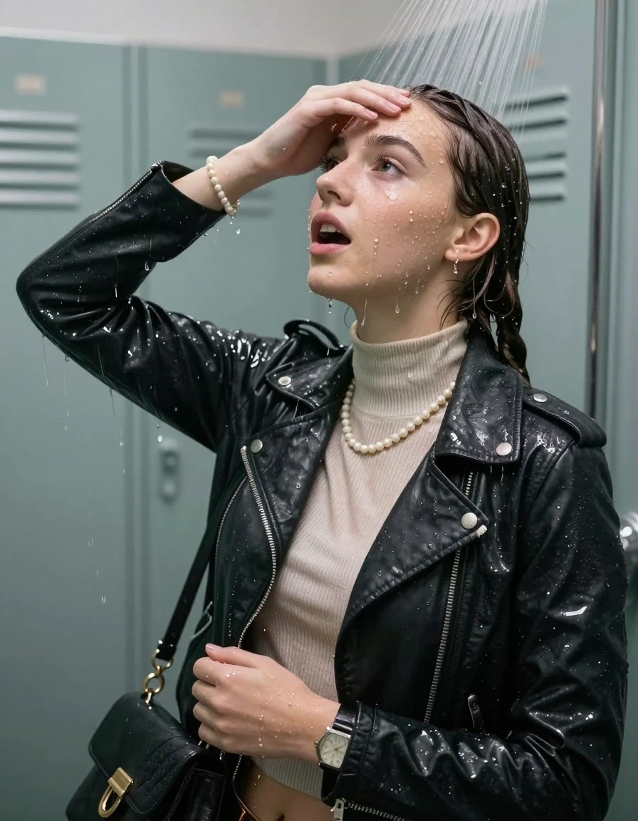 photo of young woman, in soaking wet, drenched clothes,
, , Biker leatherjacket, Tight knit turtleneck sweater belly free, handbag, pearl necklace, bracelet, wristwatch, Under the shower, strong jet of water, lokker room, 
enjoying, wet clothes stuck to body,
detailed textures of the wet clothes, wet face, wet plastered hair,
wet, drenched, professional, high-quality details, full body view.
sharp focus, ultra-high pixel detail, realistic, high-quality, full colors, incredibly detailed, 4k, 8k, 16k, hyper-realistic, RAW photo, masterpiece, ultra-detailed, professionally color graded, professional photograph, sleek long twisted ponytail

Two 15 years old  teenage girl

Only head and shoulders are over the surface visible. Open mouth, half closed eyes. Looking up. Hold a hand over her forehead.

she is completely underwater up to her neck, surprised and astonished expression. 

her submerged clothes are hardly vusible under water, she soaked her handbag into the water

close up view, wet skin, wet clothes, wet hair, damp fabric, water runs down the clothes, wet skin, wet clothes, damp fabric., wet skin, wet clothes, damp fabric, wet skin, wet clothes, damp fabric, wet skin, wet clothes, damp fabric, wet skin, wet clothes, damp fabric, wet skin, wet clothes, damp fabric, wet skin, wet clothes, damp fabric, wet skin, wet clothes, damp fabric, wet skin, wet clothes, damp fabric, wet skin, wet clothes, damp fabric