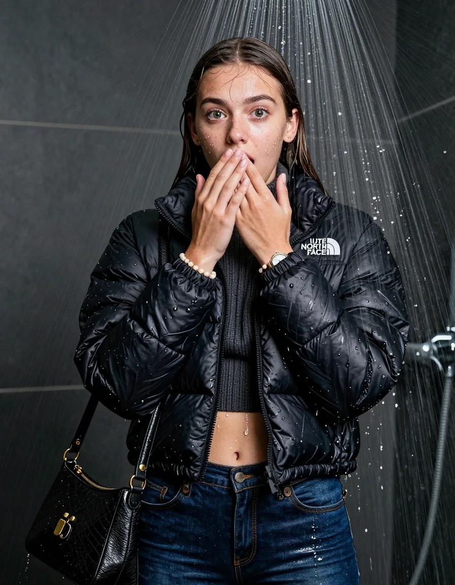 photo of young woman, in soaking wet, drenched clothes,
, skinny jeans, black nuptse north face puffer down jacket, knit turtleneck sweater belly free, handbag, pearl necklace, bracelet, wristwatch, Under the shower, strong jet of water, party shower, 
enjoying, wet clothes stuck to body,
detailed textures of the wet clothes, wet face, wet plastered hair,
wet, drenched, professional, high-quality details, full body view.
sharp focus, ultra-high pixel detail, realistic, high-quality, full colors, incredibly detailed, 4k, 8k, 16k, hyper-realistic, RAW photo, masterpiece, ultra-detailed, professionally color graded, professional photograph, sleek long straight hair

 15 years old  teenage girl

Only head and shoulders are over the surface visible. Looking at camera. Hold her hand on her mouth.  open mouth, big eyes.

The girls wear different clothes.

she is completely underwater up to her neck, shocked and embarrassed expression. 

her clothing is soaking wet and clinging tightly to her skin, showing heavy wet folds, darkened fabric texture, and deep water-saturated Patches, her clothes are heavy from the water, water runs from her body and her clothes in streams. A lot of water also runs out of her clothes. Her clothes are darkened by the water. Her submerged clothes are good visible under the water.  she soaked her handbag into the water.

close up view, wet skin, wet clothes, wet hair, damp fabric, water runs down the clothes, wet skin, wet clothes, damp fabric. cinematic medium shot, hyper-realistic wetness, high-contrast water sheen, sharp focus, 8k resolution, professional photography, realistic water physics., wet skin, wet clothes, damp fabric, wet skin, wet clothes, damp fabric, wet skin, wet clothes, damp fabric
