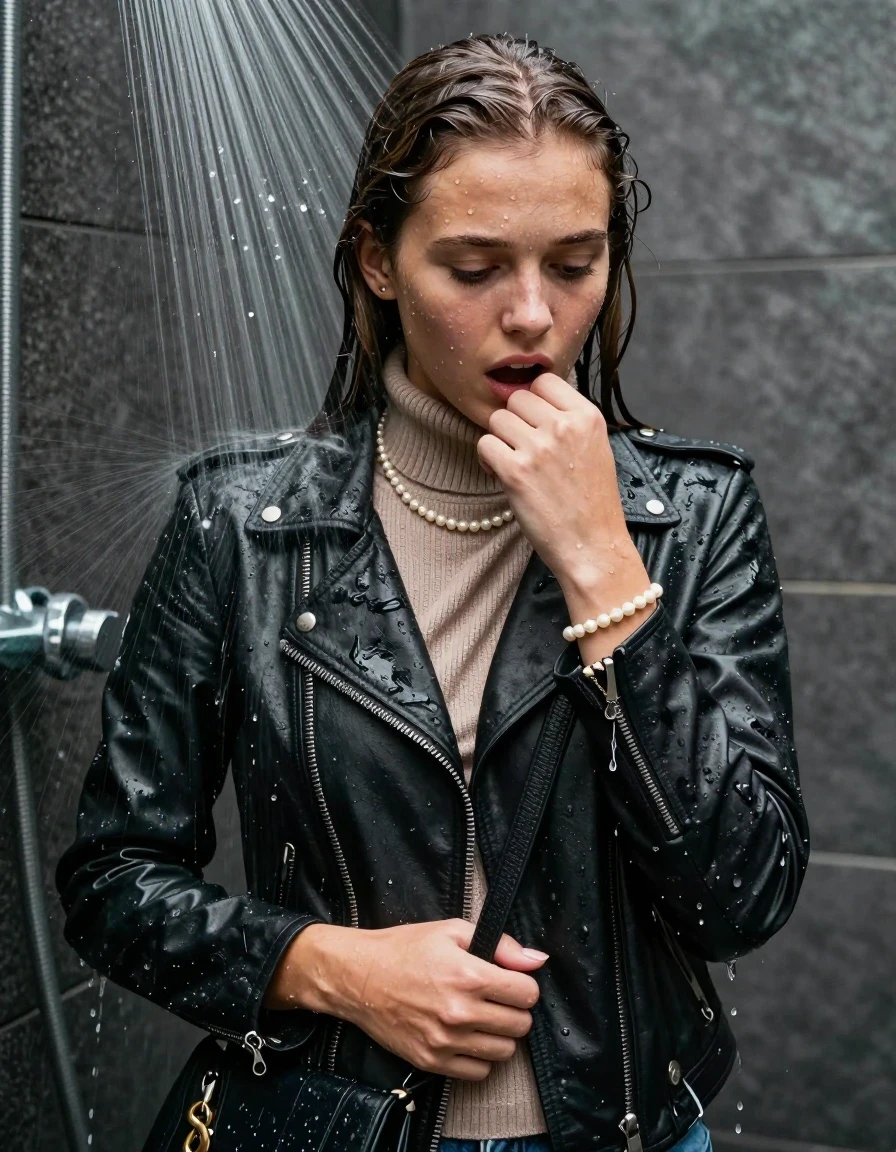 photo of young woman, in soaking wet, drenched clothes,
, , Biker leatherjacket, knit turtleneck sweater belly free, handbag, pearl necklace, bracelet, wristwatch, Under the shower, strong jet of water, party shower, 
enjoying, wet clothes stuck to body,
detailed textures of the wet clothes, wet face, wet plastered hair,
wet, drenched, professional, high-quality details, full body view.
sharp focus, ultra-high pixel detail, realistic, high-quality, full colors, incredibly detailed, 4k, 8k, 16k, hyper-realistic, RAW photo, masterpiece, ultra-detailed, professionally color graded, professional photograph, sleek long straight hair

 15 years old  teenage girl

Only head and shoulders are over the surface visible. Looking down. Hold her hand in front of her chin. open mouth.

The girls wear different clothes.

she is completely underwater up to her neck, shocked and embarrassed expression. 

her clothing is soaking wet and clinging tightly to her skin, showing heavy wet folds, darkened fabric texture, and deep water-saturated Patches, her clothes are heavy from the water, water runs from her body and her clothes in streams. A lot of water also runs out of her clothes. Her clothes are darkened by the water. Her submerged clothes are good visible under the water.  she soaked her handbag into the water.

close up view, wet skin, wet clothes, wet hair, damp fabric, water runs down the clothes, wet skin, wet clothes, damp fabric. cinematic medium shot, hyper-realistic wetness, high-contrast water sheen, sharp focus, 8k resolution, professional photography, realistic water physics., wet skin, wet clothes, damp fabric, wet skin, wet clothes, damp fabric, wet skin, wet clothes, damp fabric