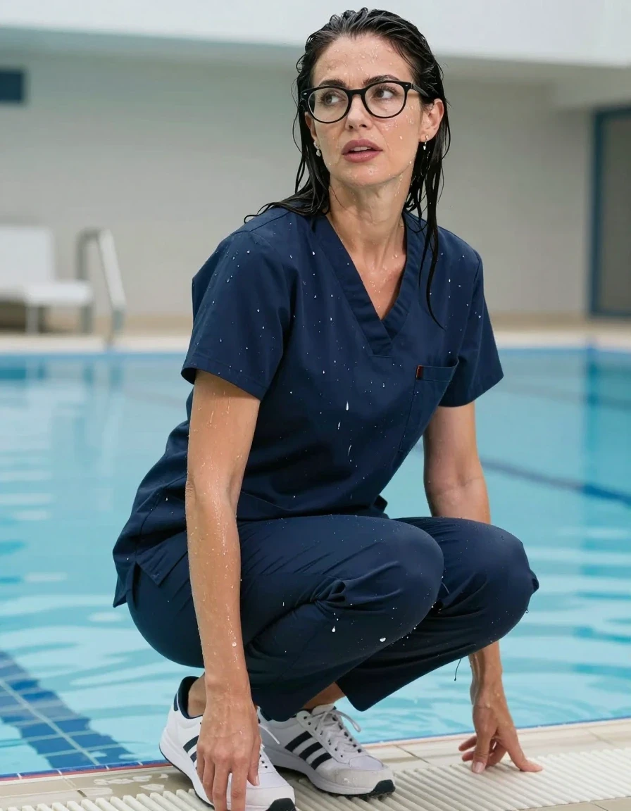 photo of young woman, in soaking wet, drenched clothes,
adidas shoes, dark blue scrubs dress, dark blue scrubs dress, after bath in indoor swimming pool, enjoying wet clothes stuck body, enjoying, wet clothes stuck to body, 
enjoying, wet clothes stuck to body,
detailed textures of the wet clothes, wet face, wet plastered hair,
wet, drenched, professional, high-quality details, full body view.
sharp focus, ultra-high pixel detail, realistic, high-quality, full colors, incredibly detailed, 4k, 8k, 16k, hyper-realistic, RAW photo, masterpiece, ultra-detailed, professionally color graded, professional photograph, europen brunette skinny woman 50 years old, long dark black hair, very big and thick lips,  office glasses, complete body, wet skin, wet clothes, damp fabric, wet skin, wet clothes, damp fabric, wet skin, wet clothes, damp fabric, wet skin, wet clothes, damp fabric, wet skin, wet clothes, damp fabric, wet skin, wet clothes, damp fabric, wet skin, wet clothes, damp fabric