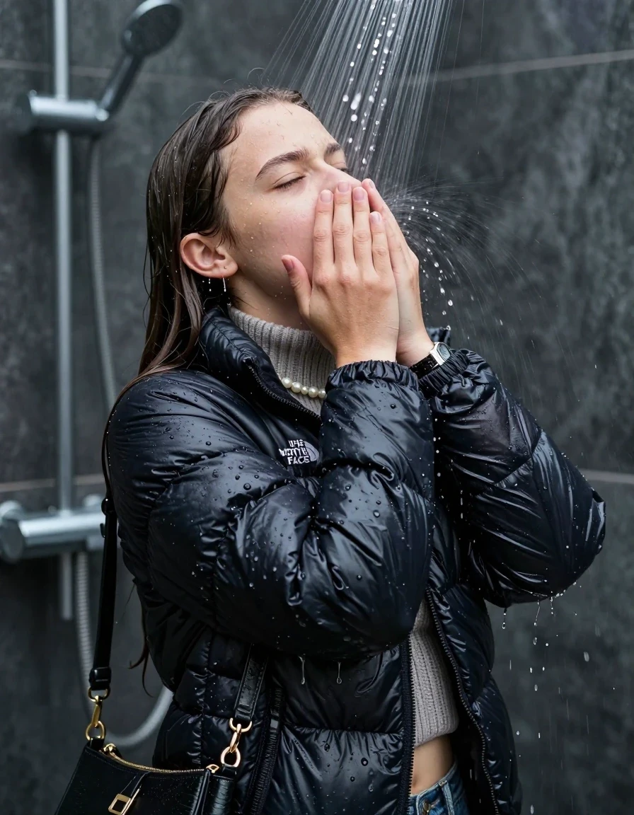 photo of young woman, in soaking wet, drenched clothes,
, , black nuptse north face puffer down jacket, knit turtleneck sweater belly free, handbag, pearl necklace, bracelet, wristwatch, view from behind: Under the shower, strong jet of water, party shower, 
enjoying, wet clothes stuck to body,
detailed textures of the wet clothes, wet face, wet plastered hair,
wet, drenched, professional, high-quality details, full body view.
sharp focus, ultra-high pixel detail, realistic, high-quality, full colors, incredibly detailed, 4k, 8k, 16k, hyper-realistic, RAW photo, masterpiece, ultra-detailed, professionally color graded, professional photograph, sleek long straight hair

 15 years old  teenage girl

Only head and shoulders are over the surface visible. Looking up. The water splashes directly into her face. Hold her hands over her face.  pressed mouth, closed eyes.

The girls wear different clothes.

she is completely underwater up to her neck, shocked and embarrassed expression. 

her clothing is soaking wet and clinging tightly to her skin, showing heavy wet folds, darkened fabric texture, and deep water-saturated Patches, her clothes are heavy from the water, water runs from her body and her clothes in streams. A lot of water also runs out of her clothes. Her clothes are darkened by the water. Her submerged clothes are good visible under the water.  she soaked her handbag into the water.

close up view, wet skin, wet clothes, wet hair, damp fabric, water runs down the clothes, wet skin, wet clothes, damp fabric. cinematic medium shot, hyper-realistic wetness, high-contrast water sheen, sharp focus, 8k resolution, professional photography, realistic water physics., wet skin, wet clothes, damp fabric, wet skin, wet clothes, damp fabric, wet skin, wet clothes, damp fabric