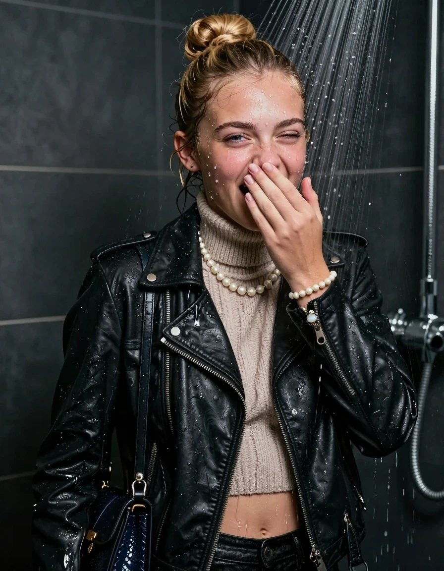 photo of young woman, in soaking wet, drenched clothes,
, , Biker leatherjacket, knit turtleneck sweater belly free, handbag, pearl necklace, bracelet, wristwatch, Under the shower, strong jet of water, party room, 
enjoying, wet clothes stuck to body,
detailed textures of the wet clothes, wet face, wet plastered hair,
wet, drenched, professional, high-quality details, full body view.
sharp focus, ultra-high pixel detail, realistic, high-quality, full colors, incredibly detailed, 4k, 8k, 16k, hyper-realistic, RAW photo, masterpiece, ultra-detailed, professionally color graded, professional photograph, Blonde topknot

 13-years-old  teenage girl

Only head and shoulders are over the surface visible. Looking at camera. Hold one hand over her mouth and nose. Open mouth, half closed eyes.

The girls wear different clothes.

she is completely underwater up to her neck, embarrassed and astonished expression, but she giggles. 

her clothing is soaking wet and clinging tightly to her skin, showing heavy wet folds, darkened fabric texture, and deep water-saturated Patches, her clothes are heavy from the water, water runs from her body and her clothes in streams. A lot of water also runs out of her clothes. Her clothes are darkened by the water. Her submerged clothes are good visible under the water.  she soaked her handbag into the water.

close up view, wet skin, wet clothes, wet hair, damp fabric, water runs down the clothes, wet skin, wet clothes, damp fabric. cinematic medium shot, hyper-realistic wetness, high-contrast water sheen, sharp focus, 16k resolution, professional photography, realistic water physics., wet skin, wet clothes, damp fabric, wet skin, wet clothes, damp fabric, wet skin, wet clothes, damp fabric