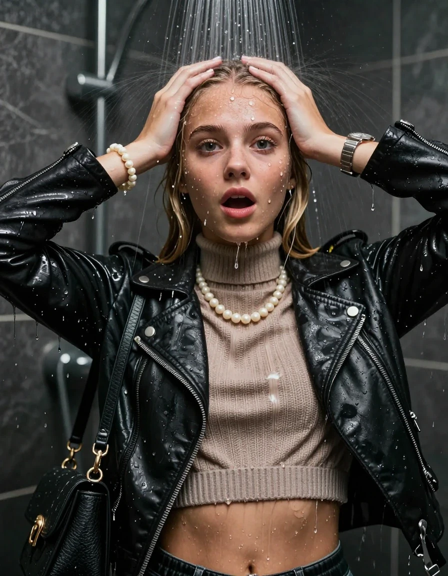 photo of young woman, in soaking wet, drenched clothes,
, , Biker leatherjacket, knit turtleneck sweater belly free, handbag, pearl necklace, bracelet, wristwatch, Under the shower, strong jet of water, party room, 
enjoying, wet clothes stuck to body,
detailed textures of the wet clothes, wet face, wet plastered hair,
wet, drenched, professional, high-quality details, full body view.
sharp focus, ultra-high pixel detail, realistic, high-quality, full colors, incredibly detailed, 4k, 8k, 16k, hyper-realistic, RAW photo, masterpiece, ultra-detailed, professionally color graded, professional photograph, Blonde sleek long straight hair

 15 years old  teenage girl

Only head and shoulders are over the surface visible. Open mouth, big eyes. Looking at camera. Hold her hands on her forehead.

The girls wear different clothes.

she is completely underwater up to her neck, surprised and astonished expression. 

her clothing is soaking wet and clinging tightly to her skin, showing heavy wet folds, darkened fabric texture, and deep water-saturated Patches, her clothes are heavy from the water, water runs from her body and her clothes in streams. A lot of water also runs out of her clothes. Her clothes are darkened by the water. Her submerged clothes are good visible under the water.  she soaked her handbag into the water.

close up view, wet skin, wet clothes, wet hair, damp fabric, water runs down the clothes, wet skin, wet clothes, damp fabric. cinematic medium shot, hyper-realistic wetness, high-contrast water sheen, sharp focus, 16k resolution, professional photography, realistic water physics., wet skin, wet clothes, damp fabric, wet skin, wet clothes, damp fabric, wet skin, wet clothes, damp fabric