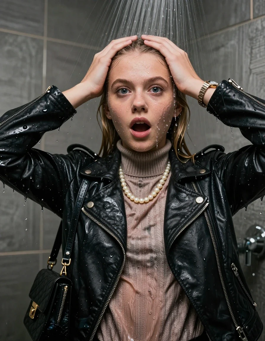 photo of young woman, in soaking wet, drenched clothes,
, , Biker leatherjacket, knit turtleneck sweater, handbag, pearl necklace, bracelet, wristwatch, Under the shower, strong jet of water, party room, 
enjoying, wet clothes stuck to body,
detailed textures of the wet clothes, wet face, wet plastered hair,
wet, drenched, professional, high-quality details, full body view.
sharp focus, ultra-high pixel detail, realistic, high-quality, full colors, incredibly detailed, 4k, 8k, 16k, hyper-realistic, RAW photo, masterpiece, ultra-detailed, professionally color graded, professional photograph, Blonde sleek long straight hair

 15 years old  school girl

Only head and shoulders are over the surface visible. Open mouth, big eyes. Looking at camera. Hold her hands on her forehead.

The girls wear different clothes.

she is completely underwater up to her neck, surprised and astonished expression. 

her clothing is soaking wet and clinging tightly to her skin, showing heavy wet folds, darkened fabric texture, and deep water-saturated Patches, her clothes are heavy from the water, water runs from her body and her clothes in streams. A lot of water also runs out of her clothes. Her clothes are darkened by the water. Her submerged clothes are good visible under the water.  she soaked her handbag into the water.

close up view, wet skin, wet clothes, wet hair, damp fabric, water runs down the clothes, wet skin, wet clothes, damp fabric. cinematic medium shot, hyper-realistic wetness, high-contrast water sheen, sharp focus, 16k resolution, professional photography, realistic water physics., wet skin, wet clothes, damp fabric, wet skin, wet clothes, damp fabric, wet skin, wet clothes, damp fabric