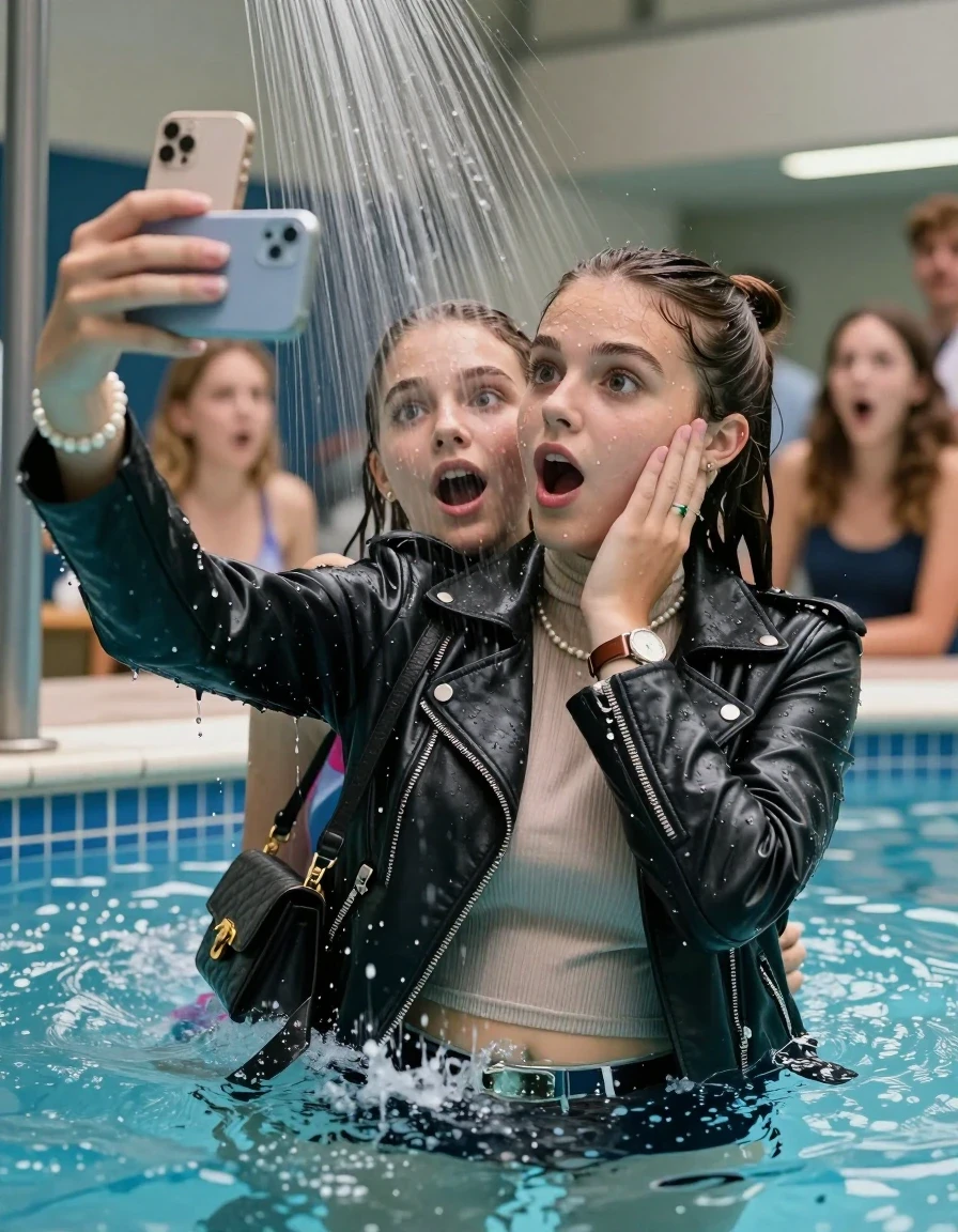 photo of young woman, in soaking wet, drenched clothes,
, , Biker leatherjacket, Tight knit turtleneck sweater belly free, handbag, pearl necklace, bracelet, wristwatch, Under the pool shower, strong jet of water, indoor swimming pool, pool party, shocked friends watching her from the edge, 
enjoying, wet clothes stuck to body,
detailed textures of the wet clothes, wet face, wet plastered hair,
wet, drenched, professional, high-quality details, full body view.
sharp focus, ultra-high pixel detail, realistic, high-quality, full colors, incredibly detailed, 4k, 8k, 16k, hyper-realistic, RAW photo, masterpiece, ultra-detailed, professionally color graded, professional photograph, sleek long twisted ponytail

Two 15 years old  teenage girl

Only head and shoulders are over the surface visible. Open mouth, big eyes. Looking at camera. Hold her hand on her cheek. take a selfie with her smartphone.

The girls wear different clothes.

she is completely underwater up to her neck, surprised and astonished expression. 

her submerged clothes are hardly vusible under water, she soaked her handbag into the water

close up view, wet skin, wet clothes, wet hair, damp fabric, water runs down the clothes, wet skin, wet clothes, damp fabric., wet skin, wet clothes, damp fabric, wet skin, wet clothes, damp fabric, wet skin, wet clothes, damp fabric, wet skin, wet clothes, damp fabric, wet skin, wet clothes, damp fabric, wet skin, wet clothes, damp fabric, wet skin, wet clothes, damp fabric, wet skin, wet clothes, damp fabric, wet skin, wet clothes, damp fabric