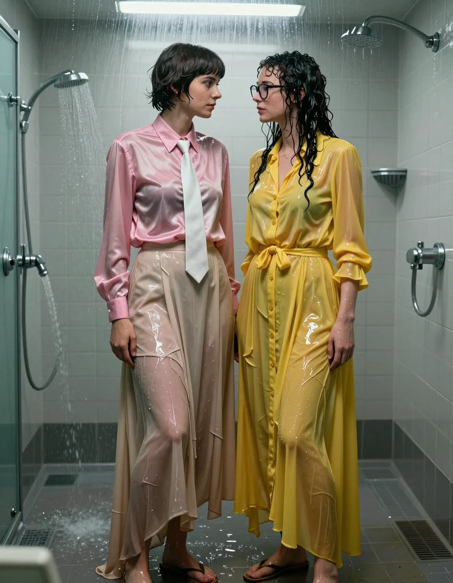 A hyper-realistic, high-resolution cinematic shot of two nerdy lesbian teachers in love, standing inside a flooded gym shower. The first woman has short Beatles-style hair, wearing a pink satin long-sleeved oversized buttoned-down blouse, a crisp white necktie, and a beige floor-length excessively long silk skirt with layers of petticoat, all fabric clinging to her body and darkened by heavy saturation, with water sheen and glossy highlights. Her feet are in wet sandals. Beside her, a second woman with long curly hair and glasses wears a floor-length yellow buttoned-down dress with a pussy bow, the fabric completely soaked, heavy with water, and clinging to her silhouette. The gym shower environment is filled with shallow standing water, steam, and cascading droplets, with wet surfaces reflecting the overhead fluorescent lighting. Both women share an intimate, loving gaze. Photorealistic, 8k, detailed skin texture, wet hair strands, deep color saturation in soaked fabrics, dramatic lighting, sharp focus on expressions and textures.