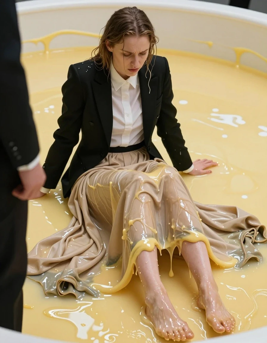 A young adult European woman sitting inside a shallow, messy pool of thick, viscous, pale-yellow custard. She is wearing a formal black tuxedo jacket over a crisp white shirt with a sharp necktie, paired with an excessively long, floor-length beige skirt that is heavily saturated, soaked, and clinging to her legs, with the fabric darkened and weighted down by the thick custard. Her bare feet are visible, coated in sticky custard residue. She has a humiliated expression, looking downcast as she is being reprimanded by an unseen boss standing over her. The scene is captured in high-detail photorealism, emphasizing the wet, glistening texture of the custard clinging to her clothes and skin, with deep, uneven color shifts in the beige fabric and heavy, realistic folds. Cinematic lighting highlights the glossy, viscous sheen of the custard and the dampness of her hair and skin, shot from a slightly high angle to emphasize her submissive posture, 8k resolution, highly detailed textures, dramatic atmosphere.