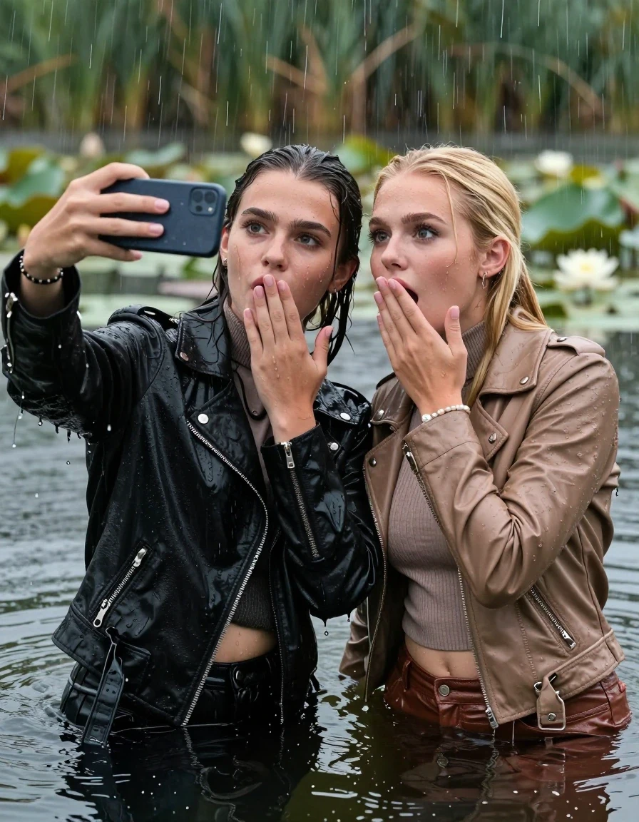 photo of young woman, in soaking wet, drenched clothes,
, , Black Biker leatherjacket and light brown leatherjacket, tight knit turtleneck sweater belly free, handbag, pearl necklace, bracelet, wristwatch, Emerging after diving in a lake with water lilies and reeds, heavy rain falls directely on her heads, 
enjoying, wet clothes stuck to body,
detailed textures of the wet clothes, wet face, wet plastered hair,
wet, drenched, professional, high-quality details, full body view.
sharp focus, ultra-high pixel detail, realistic, high-quality, full colors, incredibly detailed, 4k, 8k, 16k, hyper-realistic, RAW photo, masterpiece, ultra-detailed, professionally color graded, professional photograph, blonde sleek long straight hair and sleek bun

 two 15 years old  teenage girls

Only head and shoulders are over the surface visible. Open mouth, big eyes. Looking at camera. one Hold her hands onver her mouth. one hold one hand on her mouth and take with the other hand a selfie with her smartphone.

The girls wear different clothes.

she is completely underwater up to her neck, horny and astonished expression. 

her clothing is soaking wet and clinging tightly to her skin, showing heavy wet folds, darkened fabric texture, and deep water-saturated Patches, her clothes are heavy from the water, water runs from her body and her clothes in streams. A lot of water also runs out of her clothes. Her clothes are darkened by the water. Her submerged clothes are good visible under the water.  she soaked her handbag into the water.

close up view, wet skin, wet clothes, wet hair, damp fabric, water runs down the clothes, wet skin, wet clothes, damp fabric. cinematic medium shot, hyper-realistic wetness, high-contrast water sheen, sharp focus, 16k resolution, professional photography, realistic water physics., wet skin, wet clothes, damp fabric, wet skin, wet clothes, damp fabric, wet skin, wet clothes, damp fabric