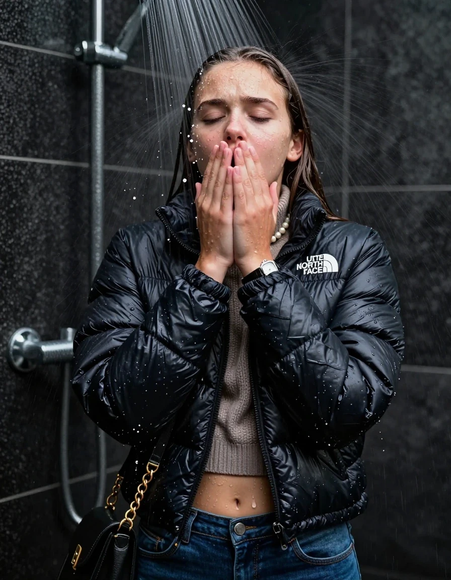 photo of young woman, in soaking wet, drenched clothes,
, skinny jeans, black nuptse north face puffer down jacket, knit turtleneck sweater belly free, handbag, pearl necklace, bracelet, wristwatch, Under the shower, strong jet of water, party shower, 
enjoying, wet clothes stuck to body,
detailed textures of the wet clothes, wet face, wet plastered hair,
wet, drenched, professional, high-quality details, full body view.
sharp focus, ultra-high pixel detail, realistic, high-quality, full colors, incredibly detailed, 4k, 8k, 16k, hyper-realistic, RAW photo, masterpiece, ultra-detailed, professionally color graded, professional photograph, sleek long straight hair

 15 years old  teenage girl

Only head and shoulders are over the surface visible. Looking up directely in the water stream. The water splashes directly into her face. Hold her hands in front of her nose.  open mouth, closed eyes.

The girls wear different clothes.

she is completely underwater up to her neck, shocked and embarrassed expression. 

her clothing is soaking wet and clinging tightly to her skin, showing heavy wet folds, darkened fabric texture, and deep water-saturated Patches, her clothes are heavy from the water, water runs from her body and her clothes in streams. A lot of water also runs out of her clothes. Her clothes are darkened by the water. Her submerged clothes are good visible under the water.  she soaked her handbag into the water.

close up view, wet skin, wet clothes, wet hair, damp fabric, water runs down the clothes, wet skin, wet clothes, damp fabric. cinematic medium shot, hyper-realistic wetness, high-contrast water sheen, sharp focus, 8k resolution, professional photography, realistic water physics., wet skin, wet clothes, damp fabric, wet skin, wet clothes, damp fabric, wet skin, wet clothes, damp fabric