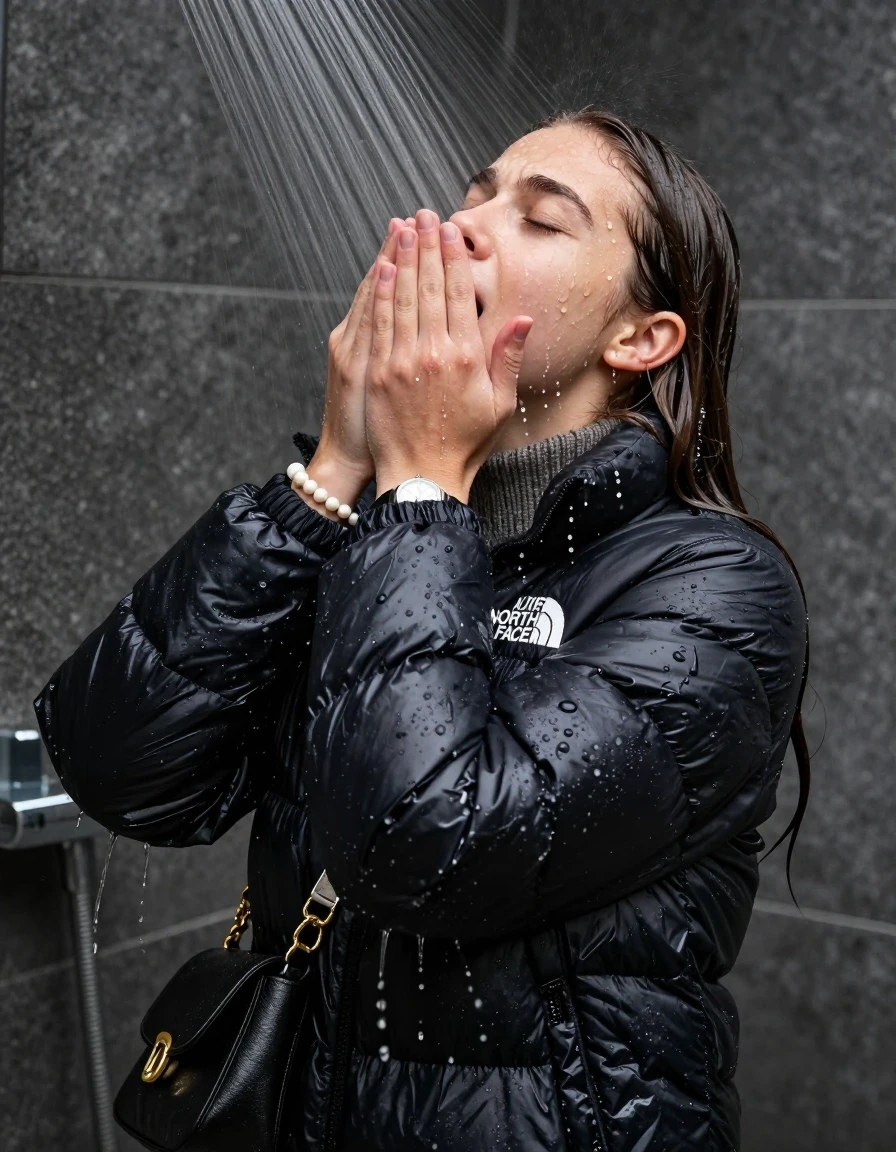 photo of young woman, in soaking wet, drenched clothes,
, , black nuptse north face puffer down jacket, knit turtleneck sweater belly free, handbag, pearl necklace, bracelet, wristwatch, view from behind: Under the shower, strong jet of water, party shower, 
enjoying, wet clothes stuck to body,
detailed textures of the wet clothes, wet face, wet plastered hair,
wet, drenched, professional, high-quality details, full body view.
sharp focus, ultra-high pixel detail, realistic, high-quality, full colors, incredibly detailed, 4k, 8k, 16k, hyper-realistic, RAW photo, masterpiece, ultra-detailed, professionally color graded, professional photograph, sleek long straight hair

 15 years old  teenage girl

Only head and shoulders are over the surface visible. Looking up. The water splashes directly into her face. Hold her hands in front of her face.  pressed mouth, closed eyes.

The girls wear different clothes.

she is completely underwater up to her neck, shocked and embarrassed expression. 

her clothing is soaking wet and clinging tightly to her skin, showing heavy wet folds, darkened fabric texture, and deep water-saturated Patches, her clothes are heavy from the water, water runs from her body and her clothes in streams. A lot of water also runs out of her clothes. Her clothes are darkened by the water. Her submerged clothes are good visible under the water.  she soaked her handbag into the water.

close up view, wet skin, wet clothes, wet hair, damp fabric, water runs down the clothes, wet skin, wet clothes, damp fabric. cinematic medium shot, hyper-realistic wetness, high-contrast water sheen, sharp focus, 8k resolution, professional photography, realistic water physics., wet skin, wet clothes, damp fabric, wet skin, wet clothes, damp fabric, wet skin, wet clothes, damp fabric
