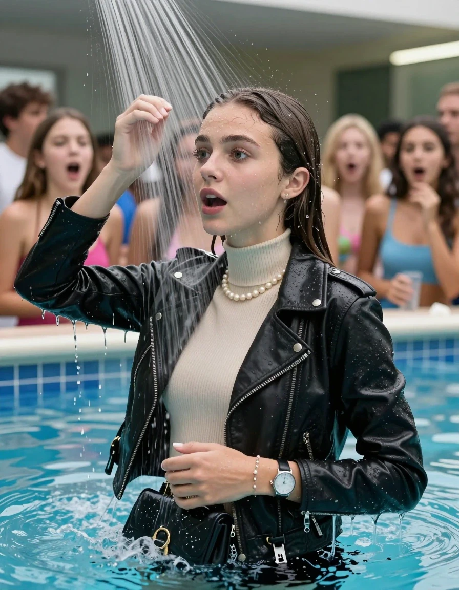 photo of young woman, in soaking wet, drenched clothes,
, , Biker leatherjacket, Tight knit turtleneck sweater belly free, handbag, pearl necklace, bracelet, wristwatch, soaking Under the pool shower, strong jet of water, indoor swimming pool, pool party, her different clothed friends watching her shocked from the edge, 
enjoying, wet clothes stuck to body,
detailed textures of the wet clothes, wet face, wet plastered hair,
wet, drenched, professional, high-quality details, full body view.
sharp focus, ultra-high pixel detail, realistic, high-quality, full colors, incredibly detailed, 4k, 8k, 16k, hyper-realistic, RAW photo, masterpiece, ultra-detailed, professionally color graded, professional photograph, sleek long straight hair

Two 15 years old  teenage girl

Only head and shoulders are over the surface visible. 

The girls wear different clothes.

she is completely underwater up to her neck, surprised and astonished expression. 

her submerged clothes are hardly vusible under water, she soaked her handbag into the water

close up view, wet skin, wet clothes, wet hair, damp fabric, water runs down the clothes, wet skin, wet clothes, damp fabric., wet skin, wet clothes, damp fabric, wet skin, wet clothes, damp fabric, wet skin, wet clothes, damp fabric, wet skin, wet clothes, damp fabric, wet skin, wet clothes, damp fabric, wet skin, wet clothes, damp fabric, wet skin, wet clothes, damp fabric, wet skin, wet clothes, damp fabric, wet skin, wet clothes, damp fabric