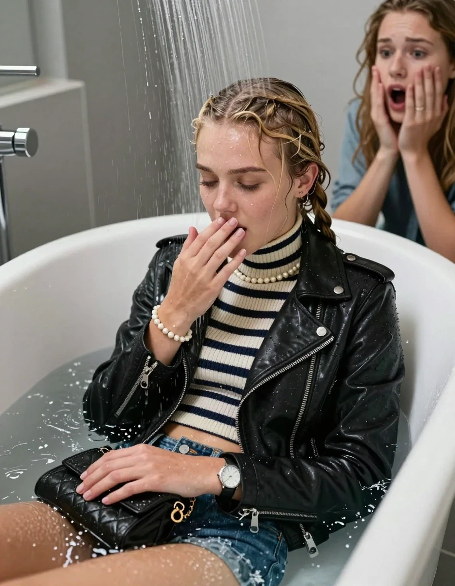 photo of young woman, in soaking wet, drenched clothes,
, , Biker leatherjacket, Tight Striped knit turtleneck sweater belly free, handbag, pearl necklace, bracelet, wristwatch, 15-year-old teenage Girl relaxing directly under a heavy powerful stream of water in a bathtube of a modern bathroom, a shocked friend sits beside the tube and watching her, 
enjoying, wet clothes stuck to body,
detailed textures of the wet clothes, wet face, wet plastered hair,
wet, drenched, professional, high-quality details, full body view.
sharp focus, ultra-high pixel detail, realistic, high-quality, full colors, incredibly detailed, 4k, 8k, 16k, hyper-realistic, RAW photo, masterpiece, ultra-detailed, professionally color graded, professional photograph, Behind view: 15-year-old teenage girl.
wet plastered hair. Blonde boxer braids

Only head and shoulders are over the surface visible. Open mouth, closed eyes. Looking down. Hold a hand on her mouth.

she is completely underwater up to her neck, afraid and astonished expression. 

her submerged clothes are hardly vusible under water, she soaked her handbag into the water

close up view, wet skin, wet clothes, wet hair, damp fabric, water runs down the clothes, wet skin, wet clothes, damp fabric., wet skin, wet clothes, damp fabric, wet skin, wet clothes, damp fabric, wet skin, wet clothes, damp fabric, wet skin, wet clothes, damp fabric, wet skin, wet clothes, damp fabric, wet skin, wet clothes, damp fabric, wet skin, wet clothes, damp fabric, wet skin, wet clothes, damp fabric