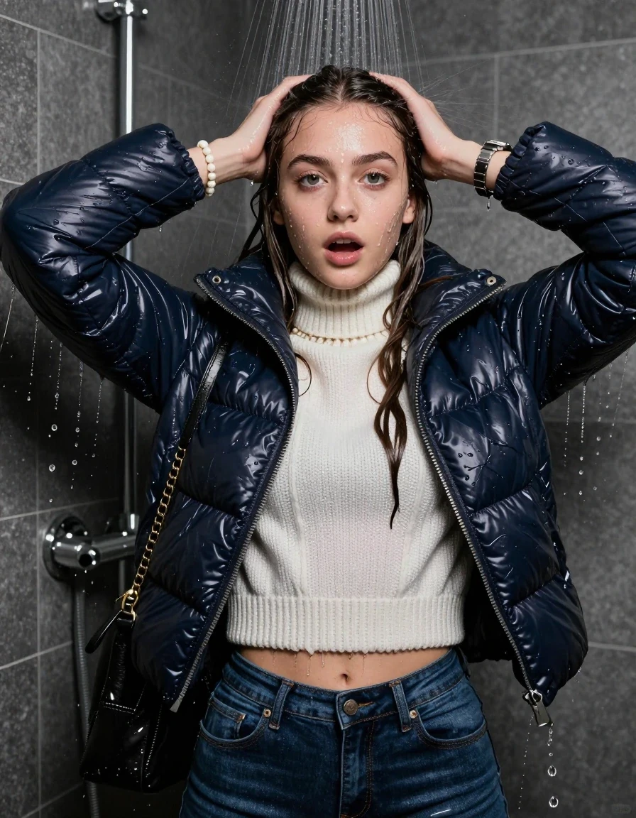 photo of young woman, in soaking wet, drenched clothes,
Heels, Tight Skinny jeans, Moncler shiny puffer down jacket , white knit turtleneck sweater belly free, handbag, pearl necklace, bracelet, wristwatch, Under the shower, strong jet of water, party room, 
enjoying, wet clothes stuck to body,
detailed textures of the wet clothes, wet face, wet plastered hair,
wet, drenched, professional, high-quality details, full body view.
sharp focus, ultra-high pixel detail, realistic, high-quality, full colors, incredibly detailed, 4k, 8k, 16k, hyper-realistic, RAW photo, masterpiece, ultra-detailed, professionally color graded, professional photograph, sleek long straight hair, wer plastered hair

 15-years-old teenage girl

Only head and shoulders are over the surface visible. Open mouth, big eyes. Looking at camera. Hold her hands over her head.

The girls wear different clothes.

she is completely underwater up to her neck, surprised and astonished expression. 

her clothing is soaking wet and clinging tightly to her skin, showing heavy wet folds, darkened fabric texture, and deep water-saturated Patches, her clothes are heavy from the water, water runs from her body and her clothes in streams. A lot of water also runs out of her clothes. Her clothes are darkened by the water. Her submerged clothes are good visible under the water.  she soaked her handbag into the water.

close up view, wet skin, wet clothes, wet hair, damp fabric, water runs down the clothes, wet skin, wet clothes, damp fabric. cinematic medium shot, hyper-realistic wetness, high-contrast water sheen, sharp focus, 16k resolution, professional photography, realistic water physics., wet skin, wet clothes, damp fabric, wet skin, wet clothes, damp fabric, wet skin, wet clothes, damp fabric