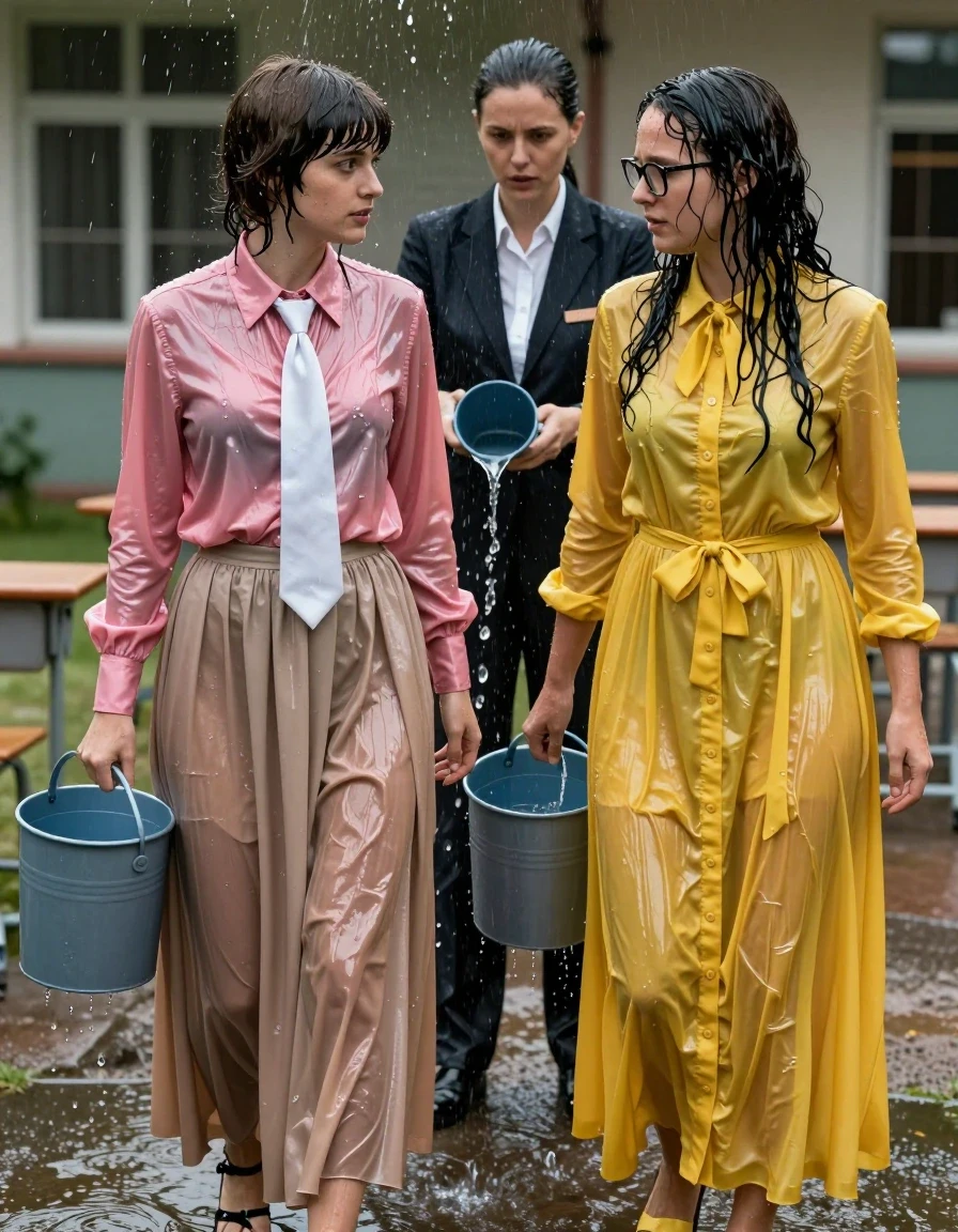 A hyper-realistic cinematic shot of two nerdy European female teachers in love, standing in an empty schoolyard. The first woman, with Beatles-style hair, is wearing a pink satin long-sleeved oversized buttoned-down blouse with a crisp white necktie and a beige floor-length excessively long silk skirt with layers of petticoats, wearing sandals. The second woman has long curly hair, glasses, and a long floor-length yellow buttoned-down dress with a pussy bow. Both women are being punished by a dominant female school director, drenched by buckets of water. The scene shows the women completely soaked: their hair is plastered to their faces and necks, skin glistening with water, and their clothing is heavily saturated, darkened, and clinging to their bodies, showing heavy wet folds and a distinct water sheen. The pink satin and yellow silk fabrics are translucent and heavy with moisture, clinging to their silhouettes. The schoolyard setting is overcast, with dramatic lighting catching the water droplets and the glossy surfaces of their wet skin and fabric. 8k resolution, photorealistic, sharp focus on expressions and textures, wet-look photography, high-contrast water reflections.