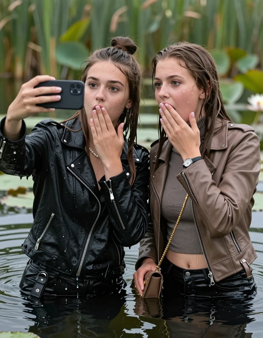 photo of young woman, in soaking wet, drenched clothes,
, , Black Biker leatherjacket and light brown leatherjacket, tight knit turtleneck sweater belly free, handbag, pearl necklace, bracelet, wristwatch, Emerging after diving in a lake with water lilies and reeds, 
enjoying, wet clothes stuck to body,
detailed textures of the wet clothes, wet face, wet plastered hair,
wet, drenched, professional, high-quality details, full body view.
sharp focus, ultra-high pixel detail, realistic, high-quality, full colors, incredibly detailed, 4k, 8k, 16k, hyper-realistic, RAW photo, masterpiece, ultra-detailed, professionally color graded, professional photograph, sleek long straight hair and topknot

 two 15 years old  teenage girls

Only head and shoulders are over the surface visible. Open mouth, big eyes. Looking at camera. one Hold her hands onver her mouth. one hold one hand on her mouth and take with the other hand a selfie with her smartphone.

The girls wear different clothes.

she is completely underwater up to her neck, horny and astonished expression. 

her clothing is soaking wet and clinging tightly to her skin, showing heavy wet folds, darkened fabric texture, and deep water-saturated Patches, her clothes are heavy from the water, water runs from her body and her clothes in streams. A lot of water also runs out of her clothes. Her clothes are darkened by the water. Her submerged clothes are good visible under the water.  she soaked her handbag into the water.

close up view, wet skin, wet clothes, wet hair, damp fabric, water runs down the clothes, wet skin, wet clothes, damp fabric. cinematic medium shot, hyper-realistic wetness, high-contrast water sheen, sharp focus, 16k resolution, professional photography, realistic water physics., wet skin, wet clothes, damp fabric, wet skin, wet clothes, damp fabric, wet skin, wet clothes, damp fabric