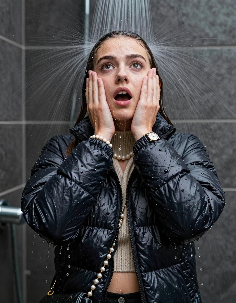 photo of young woman, in soaking wet, drenched clothes,
, , black nuptse north face puffer down jacket, knit turtleneck sweater belly free, handbag, pearl necklace, bracelet, wristwatch, Under the shower, strong jet of water, party shower, 
enjoying, wet clothes stuck to body,
detailed textures of the wet clothes, wet face, wet plastered hair,
wet, drenched, professional, high-quality details, full body view.
sharp focus, ultra-high pixel detail, realistic, high-quality, full colors, incredibly detailed, 4k, 8k, 16k, hyper-realistic, RAW photo, masterpiece, ultra-detailed, professionally color graded, professional photograph, sleek long straight hair

 15 years old  teenage girl

Only head and shoulders are over the surface visible. Looking up. The water splashes directly into her face. Hold her hands over her face.  open mouth, big eyes.

The girls wear different clothes.

she is completely underwater up to her neck, shocked and embarrassed expression. 

her clothing is soaking wet and clinging tightly to her skin, showing heavy wet folds, darkened fabric texture, and deep water-saturated Patches, her clothes are heavy from the water, water runs from her body and her clothes in streams. A lot of water also runs out of her clothes. Her clothes are darkened by the water. Her submerged clothes are good visible under the water.  she soaked her handbag into the water.

close up view, wet skin, wet clothes, wet hair, damp fabric, water runs down the clothes, wet skin, wet clothes, damp fabric. cinematic medium shot, hyper-realistic wetness, high-contrast water sheen, sharp focus, 8k resolution, professional photography, realistic water physics., wet skin, wet clothes, damp fabric, wet skin, wet clothes, damp fabric, wet skin, wet clothes, damp fabric