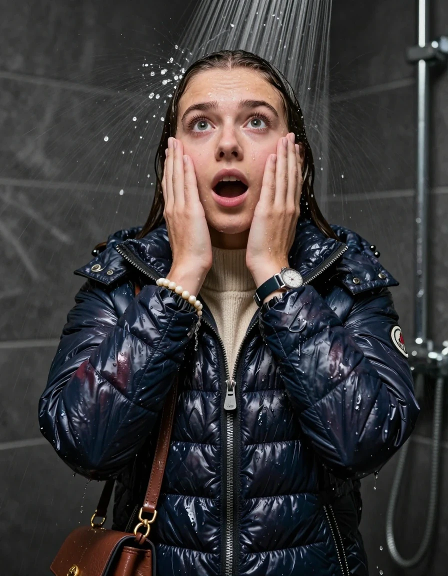 photo of young woman, in soaking wet, drenched clothes,
, , moncler shiny puffer down jacket, knit turtleneck sweater belly free, handbag, pearl necklace, bracelet, wristwatch, Under the shower, strong jet of water, party shower, 
enjoying, wet clothes stuck to body,
detailed textures of the wet clothes, wet face, wet plastered hair,
wet, drenched, professional, high-quality details, full body view.
sharp focus, ultra-high pixel detail, realistic, high-quality, full colors, incredibly detailed, 4k, 8k, 16k, hyper-realistic, RAW photo, masterpiece, ultra-detailed, professionally color graded, professional photograph, sleek long straight hair

 15 years old  teenage girl

Only head and shoulders are over the surface visible. Looking up. The water splashes directly into her face. Hold her hands over her face.  open mouth, big eyes.

The girls wear different clothes.

she is completely underwater up to her neck, shocked and embarrassed expression. 

her clothing is soaking wet and clinging tightly to her skin, showing heavy wet folds, darkened fabric texture, and deep water-saturated Patches, her clothes are heavy from the water, water runs from her body and her clothes in streams. A lot of water also runs out of her clothes. Her clothes are darkened by the water. Her submerged clothes are good visible under the water.  she soaked her handbag into the water.

close up view, wet skin, wet clothes, wet hair, damp fabric, water runs down the clothes, wet skin, wet clothes, damp fabric. cinematic medium shot, hyper-realistic wetness, high-contrast water sheen, sharp focus, 8k resolution, professional photography, realistic water physics., wet skin, wet clothes, damp fabric, wet skin, wet clothes, damp fabric, wet skin, wet clothes, damp fabric