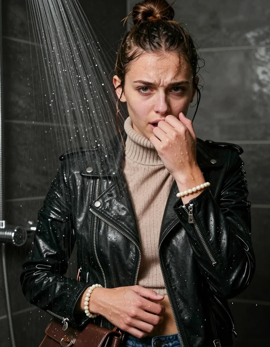 photo of young woman, in soaking wet, drenched clothes,
, , Biker leatherjacket, knit turtleneck sweater belly free, handbag, pearl necklace, bracelet, wristwatch, Under the shower, strong jet of water, party room, 
enjoying, wet clothes stuck to body,
detailed textures of the wet clothes, wet face, wet plastered hair,
wet, drenched, professional, high-quality details, full body view.
sharp focus, ultra-high pixel detail, realistic, high-quality, full colors, incredibly detailed, 4k, 8k, 16k, hyper-realistic, RAW photo, masterpiece, ultra-detailed, professionally color graded, professional photograph, topknot

 15 years old  teenage girl

Only head and shoulders are over the surface visible. Looking at camera. Hold her hand over her mouth.

The girls wear different clothes.

she is completely underwater up to her neck, worried and embarrassed expression. 

her clothing is soaking wet and clinging tightly to her skin, showing heavy wet folds, darkened fabric texture, and deep water-saturated Patches, her clothes are heavy from the water, water runs from her body and her clothes in streams. A lot of water also runs out of her clothes. Her clothes are darkened by the water. Her submerged clothes are good visible under the water.  she soaked her handbag into the water.

close up view, wet skin, wet clothes, wet hair, damp fabric, water runs down the clothes, wet skin, wet clothes, damp fabric. cinematic medium shot, hyper-realistic wetness, high-contrast water sheen, sharp focus, 8k resolution, professional photography, realistic water physics., wet skin, wet clothes, damp fabric, wet skin, wet clothes, damp fabric, wet skin, wet clothes, damp fabric
