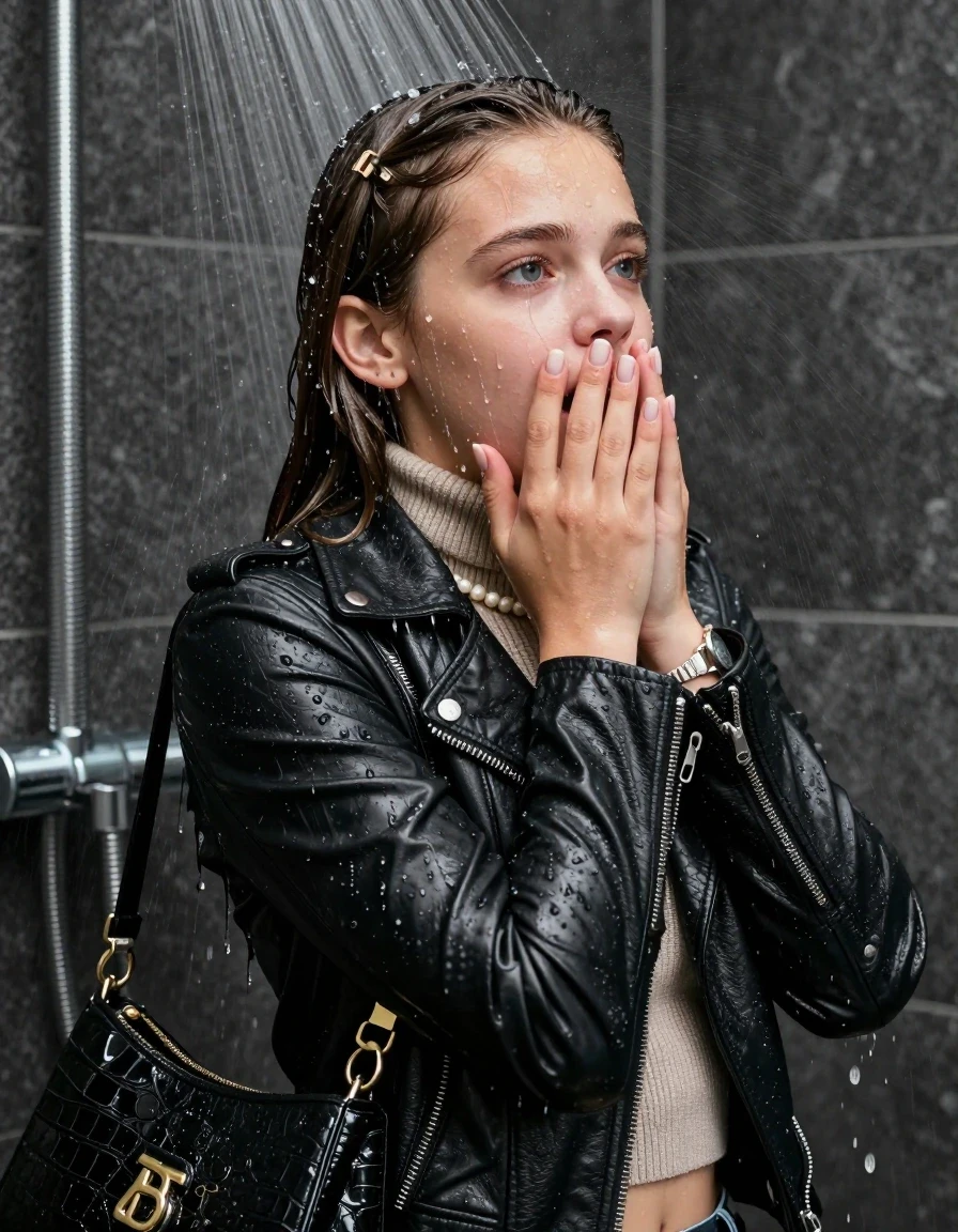 photo of young woman, in soaking wet, drenched clothes,
, , biker leatherjacket, knit turtleneck sweater belly free, handbag, pearl necklace, bracelet, wristwatch, french nails, Back view: Under the shower, strong jet of water, party shower, 
enjoying, wet clothes stuck to body,
detailed textures of the wet clothes, wet face, wet plastered hair,
wet, drenched, professional, high-quality details, full body view.
sharp focus, ultra-high pixel detail, realistic, high-quality, full colors, incredibly detailed, 4k, 8k, 16k, hyper-realistic, RAW photo, masterpiece, ultra-detailed, professionally color graded, professional photograph, sleek long straight hair, hair clip

 15 years old  teenage girl

Only head and shoulders are over the surface visible. Looking slightly away, eyes look at camera. The water splashes directly into her face. Hold her hands over her mouth.  open mouth, big eyes.

The girls wear different clothes.

she is completely underwater up to her neck, shocked and embarrassed expression. 

her clothing is soaking wet and clinging tightly to her skin, showing heavy wet folds, darkened fabric texture, and deep water-saturated Patches, her clothes are heavy from the water, water runs from her body and her clothes in streams. A lot of water also runs out of her clothes. Her clothes are darkened by the water. Her submerged clothes are good visible under the water.  she soaked her handbag into the water.

close up view, wet skin, wet clothes, wet hair, damp fabric, water runs down the clothes, wet skin, wet clothes, damp fabric. cinematic medium shot, hyper-realistic wetness, high-contrast water sheen, sharp focus, 16k resolution, professional photography, realistic water physics., wet skin, wet clothes, damp fabric, wet skin, wet clothes, damp fabric, wet skin, wet clothes, damp fabric