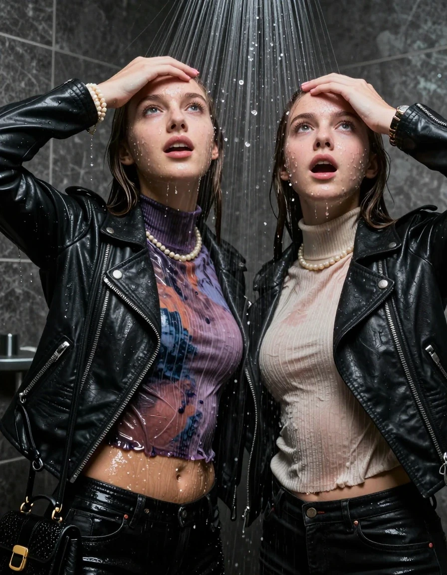 photo of young woman, in soaking wet, drenched clothes,
, , Biker leatherjacket, Tight knit turtleneck sweater belly free, handbag, pearl necklace, bracelet, wristwatch, Under the shower, strong jet of water, party room, 
enjoying, wet clothes stuck to body,
detailed textures of the wet clothes, wet face, wet plastered hair,
wet, drenched, professional, high-quality details, full body view.
sharp focus, ultra-high pixel detail, realistic, high-quality, full colors, incredibly detailed, 4k, 8k, 16k, hyper-realistic, RAW photo, masterpiece, ultra-detailed, professionally color graded, professional photograph, sleek long straight hair

Two 15 years old  teenage girl

Only head and shoulders are over the surface visible. Open mouth, closed eyes. Looking up. Hold her hands on her forehead.

The girls wear different clothes.

she is completely underwater up to her neck, shocked and astonished expression. 

her clothing is soaking wet and clinging tightly to her skin, showing heavy wet folds, darkened fabric texture, and deep water-saturated Patches, her clothes are heavy from the water, water runs from her body and her clothes in streams. A lot of water also runs out of her clothes. Her clothes are darkened by the water. Her submerged clothes are good visible under the water.  she soaked her handbag into the water.

close up view, wet skin, wet clothes, wet hair, damp fabric, water runs down the clothes, wet skin, wet clothes, damp fabric. cinematic medium shot, hyper-realistic wetness, high-contrast water sheen, sharp focus, 8k resolution, professional photography, realistic water physics., wet skin, wet clothes, damp fabric, wet skin, wet clothes, damp fabric