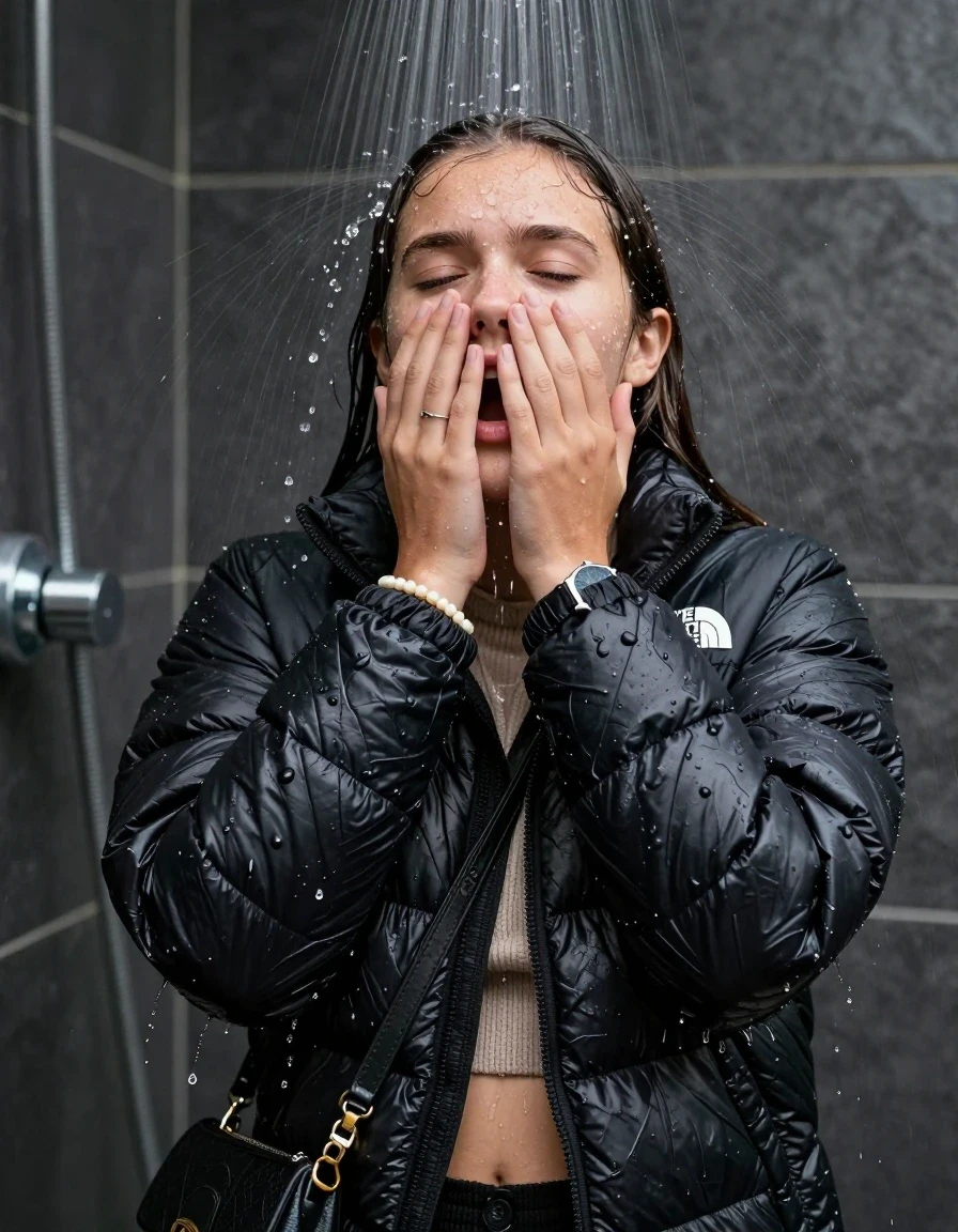 photo of young woman, in soaking wet, drenched clothes,
, , black nuptse north face puffer down jacket, knit turtleneck sweater belly free, handbag, pearl necklace, bracelet, wristwatch, Under the shower, strong jet of water, party shower, 
enjoying, wet clothes stuck to body,
detailed textures of the wet clothes, wet face, wet plastered hair,
wet, drenched, professional, high-quality details, full body view.
sharp focus, ultra-high pixel detail, realistic, high-quality, full colors, incredibly detailed, 4k, 8k, 16k, hyper-realistic, RAW photo, masterpiece, ultra-detailed, professionally color graded, professional photograph, sleek long straight hair

 15 years old  teenage girl

Only head and shoulders are over the surface visible. Looking up. The water splashes directly into her face. Hold her hands over her face.  pressed mouth, closed eyes.

The girls wear different clothes.

she is completely underwater up to her neck, shocked and embarrassed expression. 

her clothing is soaking wet and clinging tightly to her skin, showing heavy wet folds, darkened fabric texture, and deep water-saturated Patches, her clothes are heavy from the water, water runs from her body and her clothes in streams. A lot of water also runs out of her clothes. Her clothes are darkened by the water. Her submerged clothes are good visible under the water.  she soaked her handbag into the water.

close up view, wet skin, wet clothes, wet hair, damp fabric, water runs down the clothes, wet skin, wet clothes, damp fabric. cinematic medium shot, hyper-realistic wetness, high-contrast water sheen, sharp focus, 8k resolution, professional photography, realistic water physics., wet skin, wet clothes, damp fabric, wet skin, wet clothes, damp fabric, wet skin, wet clothes, damp fabric