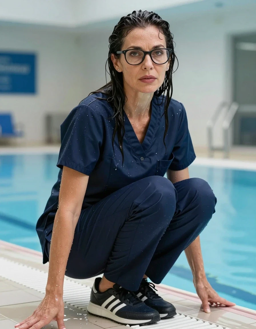 photo of young woman, in soaking wet, drenched clothes,
adidas shoes, dark blue scrubs dress, dark blue scrubs dress, after bath in indoor swimming pool, enjoying wet clothes stuck body, enjoying, wet clothes stuck to body, 
enjoying, wet clothes stuck to body,
detailed textures of the wet clothes, wet face, wet plastered hair,
wet, drenched, professional, high-quality details, full body view.
sharp focus, ultra-high pixel detail, realistic, high-quality, full colors, incredibly detailed, 4k, 8k, 16k, hyper-realistic, RAW photo, masterpiece, ultra-detailed, professionally color graded, professional photograph, europen brunette skinny woman 50 years old, long dark black hair, very big and thick lips,  office glasses, complete body, wet skin, wet clothes, damp fabric, wet skin, wet clothes, damp fabric, wet skin, wet clothes, damp fabric, wet skin, wet clothes, damp fabric, wet skin, wet clothes, damp fabric, wet skin, wet clothes, damp fabric, wet skin, wet clothes, damp fabric
