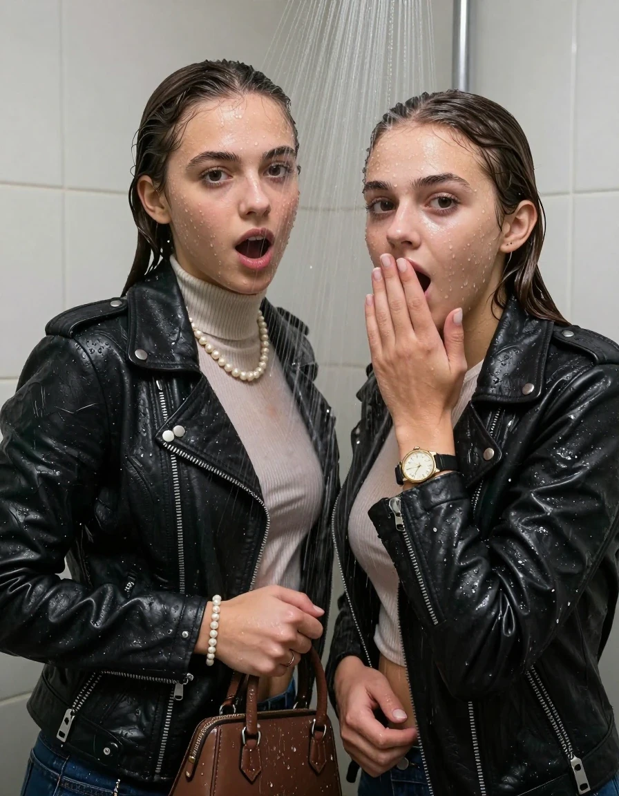 photo of young woman, in soaking wet, drenched clothes,
, , Biker leatherjacket, Tight knit turtleneck sweater belly free, handbag, pearl necklace, bracelet, wristwatch, Under the shower, strong jet of water, lokker room, 
enjoying, wet clothes stuck to body,
detailed textures of the wet clothes, wet face, wet plastered hair,
wet, drenched, professional, high-quality details, full body view.
sharp focus, ultra-high pixel detail, realistic, high-quality, full colors, incredibly detailed, 4k, 8k, 16k, hyper-realistic, RAW photo, masterpiece, ultra-detailed, professionally color graded, professional photograph, sleek long twisted ponytail

Two 15 years old  teenage girl

Only head and shoulders are over the surface visible. Open mouth, big eyes. Looking at camera. Hold her hand in front of her mouth.

The girls wear different clothes.

she is completely underwater up to her neck, surprised and astonished expression. 

her submerged clothes are hardly vusible under water, she soaked her handbag into the water

close up view, wet skin, wet clothes, wet hair, damp fabric, water runs down the clothes, wet skin, wet clothes, damp fabric., wet skin, wet clothes, damp fabric, wet skin, wet clothes, damp fabric, wet skin, wet clothes, damp fabric, wet skin, wet clothes, damp fabric, wet skin, wet clothes, damp fabric, wet skin, wet clothes, damp fabric, wet skin, wet clothes, damp fabric, wet skin, wet clothes, damp fabric, wet skin, wet clothes, damp fabric