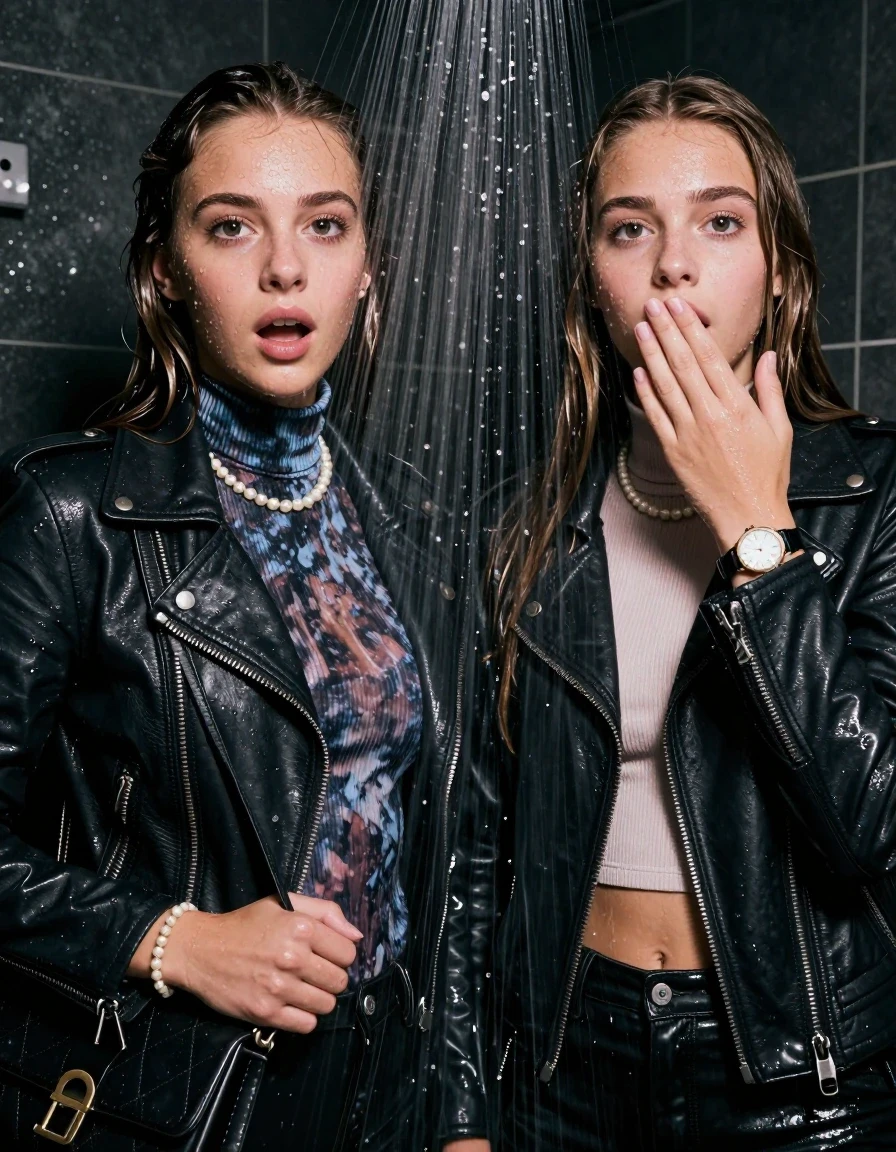 photo of young woman, in soaking wet, drenched clothes,
, , Biker leatherjacket, Tight knit turtleneck sweater belly free, handbag, pearl necklace, bracelet, wristwatch, Under the shower, strong jet of water, party room, 
enjoying, wet clothes stuck to body,
detailed textures of the wet clothes, wet face, wet plastered hair,
wet, drenched, professional, high-quality details, full body view.
sharp focus, ultra-high pixel detail, realistic, high-quality, full colors, incredibly detailed, 4k, 8k, 16k, hyper-realistic, RAW photo, masterpiece, ultra-detailed, professionally color graded, professional photograph, sleek long straight hair

Two 15 years old  teenage girl

Only head and shoulders are over the surface visible. Open mouth, big eyes. Looking at camera. Hold her hand on her mouth.

The girls wear different clothes.

she is completely underwater up to her neck, surprised and astonished expression. 

her clothing is soaking wet and clinging tightly to her skin, showing heavy wet folds, darkened fabric texture, and deep water-saturated Patches, her clothes are heavy from the water, water runs from her body and her clothes in streams. A lot of water also runs out of her clothes. Her clothes are darkened by the water. Her submerged clothes are good visible under the water.  she soaked her handbag into the water.

close up view, wet skin, wet clothes, wet hair, damp fabric, water runs down the clothes, wet skin, wet clothes, damp fabric. cinematic medium shot, hyper-realistic wetness, high-contrast water sheen, sharp focus, 8k resolution, professional photography, realistic water physics., wet skin, wet clothes, damp fabric
