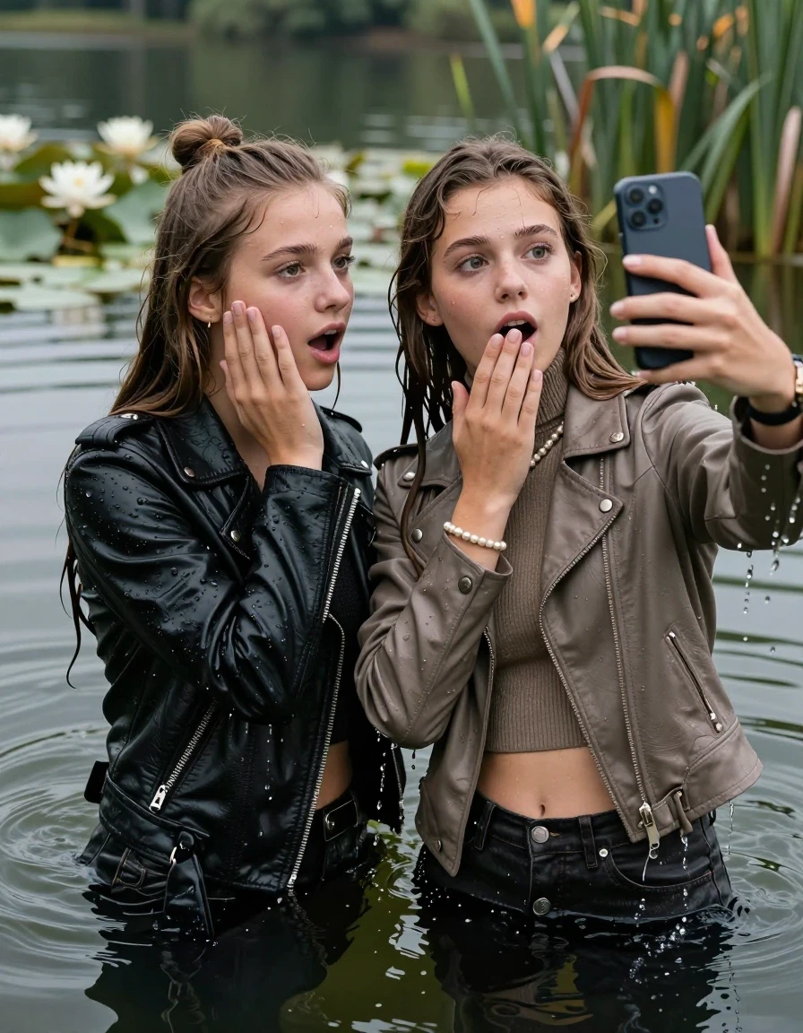 photo of young woman, in soaking wet, drenched clothes,
, , Black Biker leatherjacket and light brown leatherjacket, tight knit turtleneck sweater belly free, handbag, pearl necklace, bracelet, wristwatch, Emerging after diving in a lake with water lilies and reeds, 
enjoying, wet clothes stuck to body,
detailed textures of the wet clothes, wet face, wet plastered hair,
wet, drenched, professional, high-quality details, full body view.
sharp focus, ultra-high pixel detail, realistic, high-quality, full colors, incredibly detailed, 4k, 8k, 16k, hyper-realistic, RAW photo, masterpiece, ultra-detailed, professionally color graded, professional photograph, sleek long straight hair and topknot

 two 15 years old  teenage girls

Only head and shoulders are over the surface visible. Open mouth, big eyes. Looking at camera. one Hold her hand on her cheek. one hold one hand on her mouth and take with the other hand a selfie with her smartphone.

The girls wear different clothes.

she is completely underwater up to her neck, horny and astonished expression. 

her clothing is soaking wet and clinging tightly to her skin, showing heavy wet folds, darkened fabric texture, and deep water-saturated Patches, her clothes are heavy from the water, water runs from her body and her clothes in streams. A lot of water also runs out of her clothes. Her clothes are darkened by the water. Her submerged clothes are good visible under the water.  she soaked her handbag into the water.

close up view, wet skin, wet clothes, wet hair, damp fabric, water runs down the clothes, wet skin, wet clothes, damp fabric. cinematic medium shot, hyper-realistic wetness, high-contrast water sheen, sharp focus, 16k resolution, professional photography, realistic water physics., wet skin, wet clothes, damp fabric, wet skin, wet clothes, damp fabric, wet skin, wet clothes, damp fabric