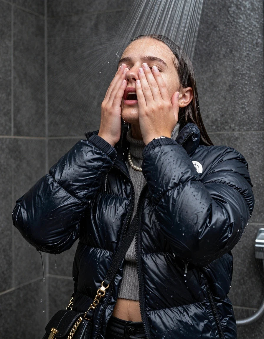 photo of young woman, in soaking wet, drenched clothes,
, , black nuptse north face puffer down jacket, knit turtleneck sweater belly free, handbag, pearl necklace, bracelet, wristwatch, Under the shower, strong jet of water, party shower, 
enjoying, wet clothes stuck to body,
detailed textures of the wet clothes, wet face, wet plastered hair,
wet, drenched, professional, high-quality details, full body view.
sharp focus, ultra-high pixel detail, realistic, high-quality, full colors, incredibly detailed, 4k, 8k, 16k, hyper-realistic, RAW photo, masterpiece, ultra-detailed, professionally color graded, professional photograph, sleek long straight hair

 15 years old  teenage girl

Only head and shoulders are over the surface visible. Looking up. The water splashes directly into her face. Hold her hands over her face.  pressed mouth, closed eyes.

The girls wear different clothes.

she is completely underwater up to her neck, shocked and embarrassed expression. 

her clothing is soaking wet and clinging tightly to her skin, showing heavy wet folds, darkened fabric texture, and deep water-saturated Patches, her clothes are heavy from the water, water runs from her body and her clothes in streams. A lot of water also runs out of her clothes. Her clothes are darkened by the water. Her submerged clothes are good visible under the water.  she soaked her handbag into the water.

close up view, wet skin, wet clothes, wet hair, damp fabric, water runs down the clothes, wet skin, wet clothes, damp fabric. cinematic medium shot, hyper-realistic wetness, high-contrast water sheen, sharp focus, 8k resolution, professional photography, realistic water physics., wet skin, wet clothes, damp fabric, wet skin, wet clothes, damp fabric, wet skin, wet clothes, damp fabric