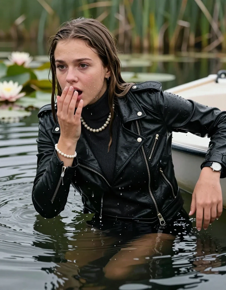 photo of young woman, in soaking wet, drenched clothes,
, , Black Biker leatherjacket, tight knit turtleneck sweater belly free, shoulderbag, pearl necklace, bracelet, wristwatch, drowning in a lake with water lilies and reeds, 
enjoying, wet clothes stuck to body,
detailed textures of the wet clothes, wet face, wet plastered hair,
wet, drenched, professional, high-quality details, full body view.
sharp focus, ultra-high pixel detail, realistic, high-quality, full colors, incredibly detailed, 4k, 8k, 16k, hyper-realistic, RAW photo, masterpiece, ultra-detailed, professionally color graded, professional photograph, sleek long straight hair

15 years old  teenage girls

Only head and shoulders are over the surface visible. Open mouth, big eyes. hold a hand on her mouth. leaning forward, lay her breast on the surface and tries to swim to the boat.

The girls wear different clothes.

she is completely underwater up to her neck, afraid and astonished expression. 

her clothing is soaking wet and clinging tightly to her skin, showing heavy wet folds, darkened fabric texture, and deep water-saturated Patches, her clothes are heavy from the water, water runs from her body and her clothes in streams. A lot of water also runs out of her clothes. Her clothes are darkened by the water. Her submerged clothes are good visible under the water.  she soaked her handbag into the water.

close up view, zoom in, wet skin, wet clothes, wet hair, damp fabric, water runs down the clothes, wet skin, wet clothes, damp fabric. cinematic medium shot, hyper-realistic wetness, high-contrast water sheen, sharp focus, 16k resolution, professional photography, realistic water physics., wet skin, wet clothes, damp fabric, wet skin, wet clothes, damp fabric, wet skin, wet clothes, damp fabric