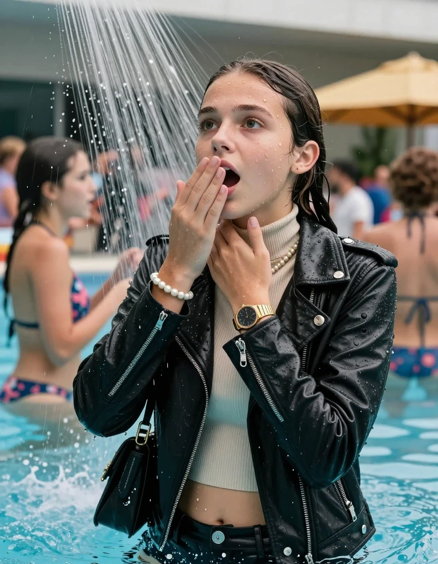 photo of young woman, in soaking wet, drenched clothes,
, , Biker leatherjacket, Tight knit turtleneck sweater belly free, handbag, pearl necklace, bracelet, wristwatch, Under the pool shower, strong jet of water, indoor swimming pool, pool party, people in the background, 
enjoying, wet clothes stuck to body,
detailed textures of the wet clothes, wet face, wet plastered hair,
wet, drenched, professional, high-quality details, full body view.
sharp focus, ultra-high pixel detail, realistic, high-quality, full colors, incredibly detailed, 4k, 8k, 16k, hyper-realistic, RAW photo, masterpiece, ultra-detailed, professionally color graded, professional photograph, sleek long twisted ponytail

Two 15 years old  teenage girl

Only head and shoulders are over the surface visible. Open mouth, big eyes. Looking up. Hold her hand on her mouth.

The girls wear different clothes.

she is completely underwater up to her neck, surprised and astonished expression. 

her submerged clothes are hardly vusible under water, she soaked her handbag into the water

close up view, wet skin, wet clothes, wet hair, damp fabric, water runs down the clothes, wet skin, wet clothes, damp fabric., wet skin, wet clothes, damp fabric, wet skin, wet clothes, damp fabric, wet skin, wet clothes, damp fabric, wet skin, wet clothes, damp fabric, wet skin, wet clothes, damp fabric, wet skin, wet clothes, damp fabric, wet skin, wet clothes, damp fabric, wet skin, wet clothes, damp fabric, wet skin, wet clothes, damp fabric