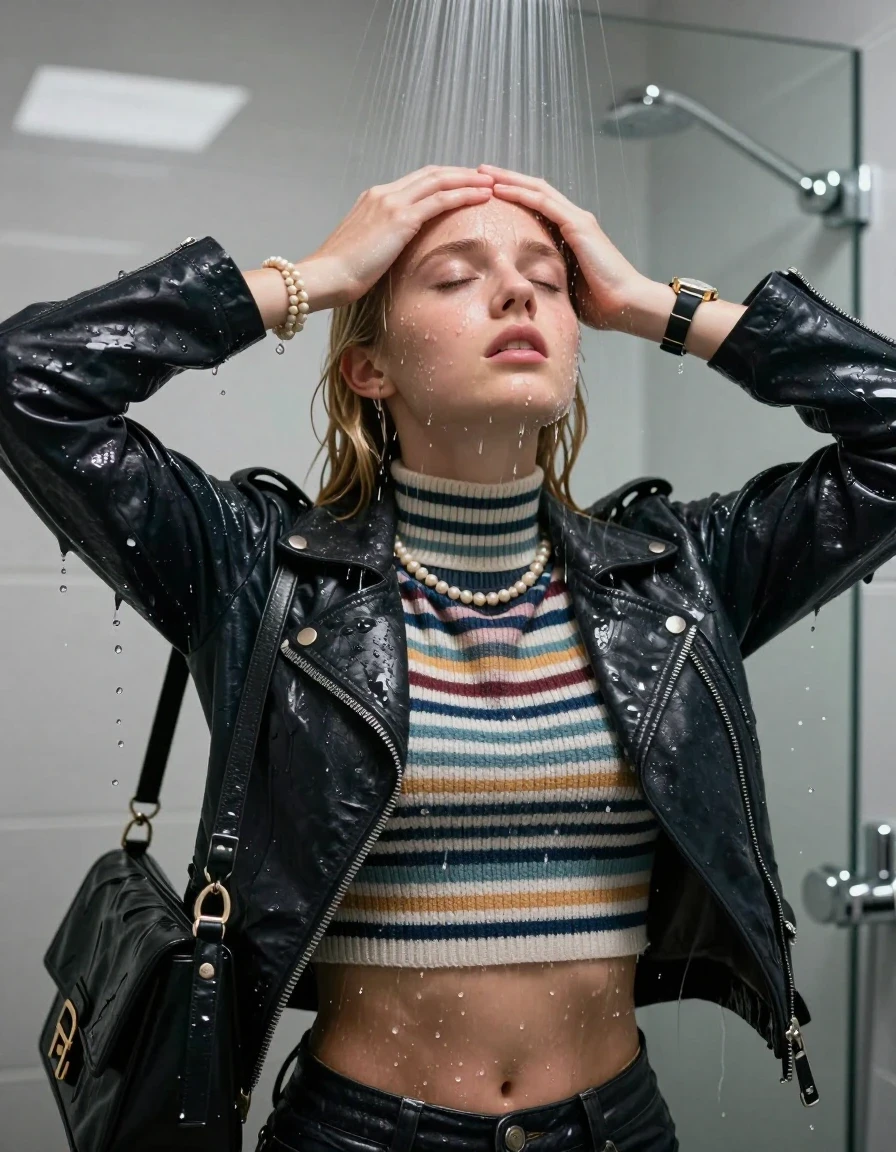 photo of young woman, in soaking wet, drenched clothes,
, , Biker leatherjacket, striped knit turtleneck sweater belly free, handbag, pearl necklace, bracelet, wristwatch, Under the shower, strong jet of water, modern mirrorred bathroom, 
enjoying, wet clothes stuck to body,
detailed textures of the wet clothes, wet face, wet plastered hair,
wet, drenched, professional, high-quality details, full body view.
sharp focus, ultra-high pixel detail, realistic, high-quality, full colors, incredibly detailed, 4k, 8k, 16k, hyper-realistic, RAW photo, masterpiece, ultra-detailed, professionally color graded, professional photograph, blonde pigtails

 15 years old  teenage girl

Only head and shoulders are over the surface visible. Looking up. Hold her hands over her forehead. closed eyes.

The girls wear different clothes.

she is completely underwater up to her neck, afraid and embarrassed expression. 

her clothing is soaking wet and clinging tightly to her skin, showing heavy wet folds, darkened fabric texture, and deep water-saturated Patches, her clothes are heavy from the water, water runs from her body and her clothes in streams. A lot of water also runs out of her clothes. Her clothes are darkened by the water. Her submerged clothes are good visible under the water.  she soaked her handbag into the water.

close up view, wet skin, wet clothes, wet hair, damp fabric, water runs down the clothes, wet skin, wet clothes, damp fabric. cinematic medium shot, hyper-realistic wetness, high-contrast water sheen, sharp focus, 8k resolution, professional photography, realistic water physics., wet skin, wet clothes, damp fabric, wet skin, wet clothes, damp fabric, wet skin, wet clothes, damp fabric