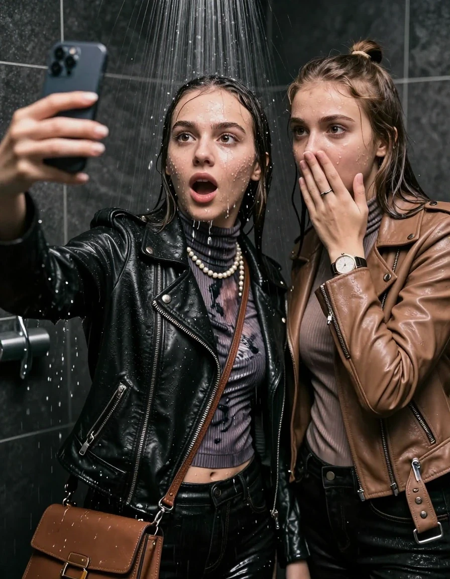 photo of young woman, in soaking wet, drenched clothes,
, , Black Biker leatherjacket and light brown leatherjacket, tight knit turtleneck sweater belly free, handbag, pearl necklace, bracelet, wristwatch, Under the shower, strong jet of water, party room, 
enjoying, wet clothes stuck to body,
detailed textures of the wet clothes, wet face, wet plastered hair,
wet, drenched, professional, high-quality details, full body view.
sharp focus, ultra-high pixel detail, realistic, high-quality, full colors, incredibly detailed, 4k, 8k, 16k, hyper-realistic, RAW photo, masterpiece, ultra-detailed, professionally color graded, professional photograph, sleek long straight hair and topknot

 two 15 years old  teenage girls

Only head and shoulders are over the surface visible. Open mouth, big eyes. Looking at camera. Hold her hand in front of her nose. one girl take a selfie with her smartphone.

The girls wear different clothes.

she is completely underwater up to her neck, frightened and astonished expression. 

her clothing is soaking wet and clinging tightly to her skin, showing heavy wet folds, darkened fabric texture, and deep water-saturated Patches, her clothes are heavy from the water, water runs from her body and her clothes in streams. A lot of water also runs out of her clothes. Her clothes are darkened by the water. Her submerged clothes are good visible under the water.  she soaked her handbag into the water.

close up view, wet skin, wet clothes, wet hair, damp fabric, water runs down the clothes, wet skin, wet clothes, damp fabric. cinematic medium shot, hyper-realistic wetness, high-contrast water sheen, sharp focus, 16k resolution, professional photography, realistic water physics., wet skin, wet clothes, damp fabric, wet skin, wet clothes, damp fabric, wet skin, wet clothes, damp fabric