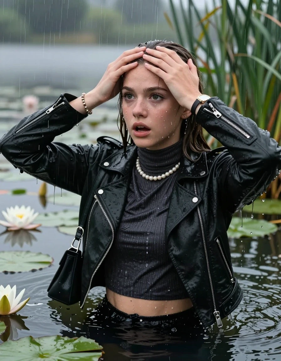 photo of young woman, in soaking wet, drenched clothes,
, , Black Biker leatherjacket, tight knit turtleneck sweater belly free, handbag, pearl necklace, bracelet, wristwatch, drowning in a lake with water lilies and reeds, heavy rain falls directely on her heads, 
enjoying, wet clothes stuck to body,
detailed textures of the wet clothes, wet face, wet plastered hair,
wet, drenched, professional, high-quality details, full body view.
sharp focus, ultra-high pixel detail, realistic, high-quality, full colors, incredibly detailed, 4k, 8k, 16k, hyper-realistic, RAW photo, masterpiece, ultra-detailed, professionally color graded, professional photograph, sleek long straight hair

15 years old  teenage girls

Only head and shoulders are over the surface visible. Open mouth, big eyes. Eyeliner is running down the cheeks. hold her hands in front of her forehead.

The girls wear different clothes.

she is completely underwater up to her neck, afraid and astonished expression. 

her clothing is soaking wet and clinging tightly to her skin, showing heavy wet folds, darkened fabric texture, and deep water-saturated Patches, her clothes are heavy from the water, water runs from her body and her clothes in streams. A lot of water also runs out of her clothes. Her clothes are darkened by the water. Her submerged clothes are good visible under the water.  she soaked her handbag into the water.

close up view, wet skin, wet clothes, wet hair, damp fabric, water runs down the clothes, wet skin, wet clothes, damp fabric. cinematic medium shot, hyper-realistic wetness, high-contrast water sheen, sharp focus, 16k resolution, professional photography, realistic water physics., wet skin, wet clothes, damp fabric, wet skin, wet clothes, damp fabric, wet skin, wet clothes, damp fabric