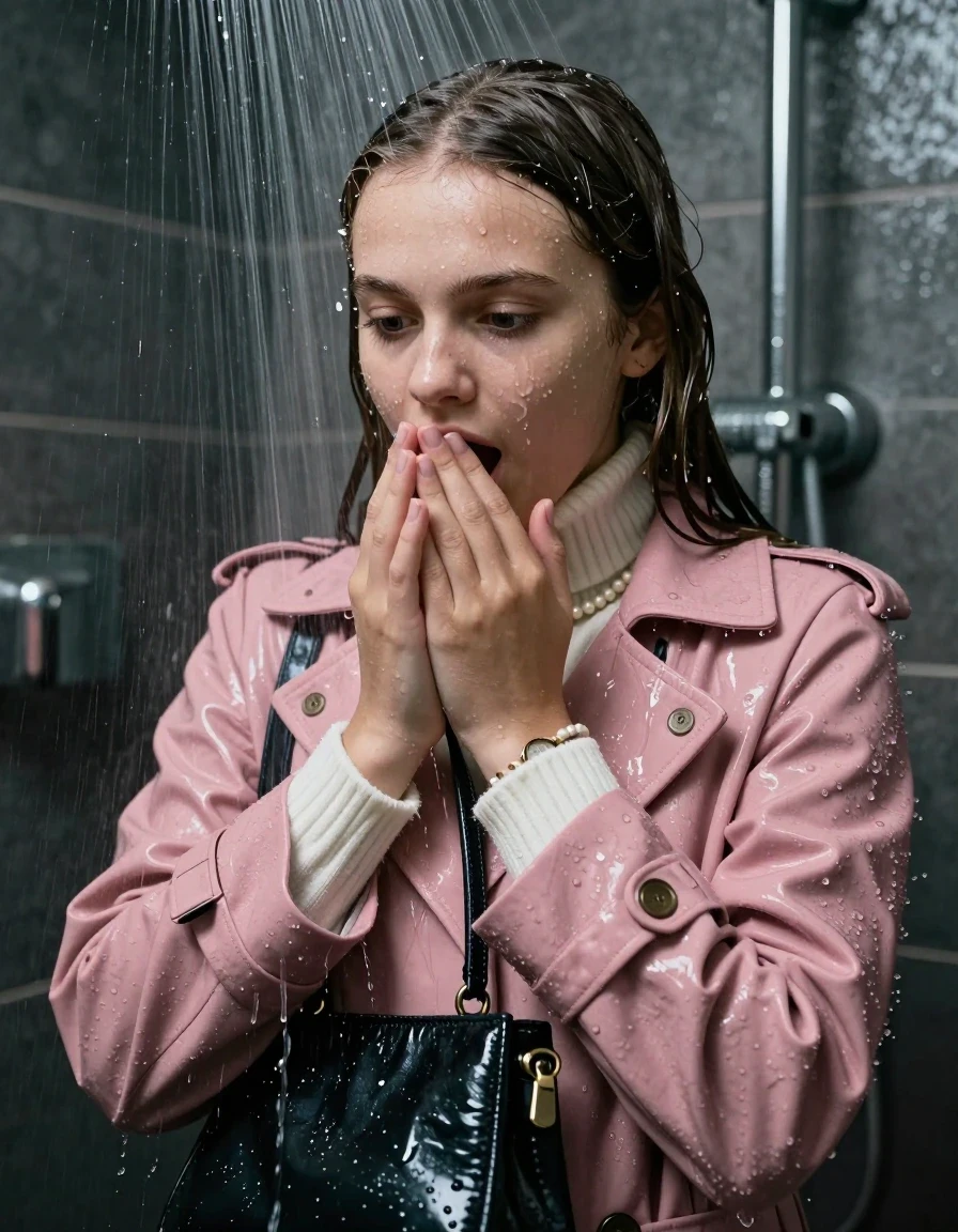 photo of young woman, in soaking wet, drenched clothes,
, , Pink woolen Winter coat , white knit turtleneck sweater, handbag, pearl necklace, bracelet, wristwatch, Under the shower, strong jet of water, party room, 
enjoying, wet clothes stuck to body,
detailed textures of the wet clothes, wet face, wet plastered hair,
wet, drenched, professional, high-quality details, full body view.
sharp focus, ultra-high pixel detail, realistic, high-quality, full colors, incredibly detailed, 4k, 8k, 16k, hyper-realistic, RAW photo, masterpiece, ultra-detailed, professionally color graded, professional photograph, sleek long straight hair

 15 years old  school girl

Only head and shoulders are over the surface visible. Open mouth, big eyes. Looking down. Hold her hands on her mouth.

The girls wear different clothes.

she is completely underwater up to her neck, surprised and astonished expression. 

her clothing is soaking wet and clinging tightly to her skin, showing heavy wet folds, darkened fabric texture, and deep water-saturated Patches, her clothes are heavy from the water, water runs from her body and her clothes in streams. A lot of water also runs out of her clothes. Her clothes are darkened by the water. Her submerged clothes are good visible under the water.  she soaked her handbag into the water.

close up view, wet skin, wet clothes, wet hair, damp fabric, water runs down the clothes, wet skin, wet clothes, damp fabric. cinematic medium shot, hyper-realistic wetness, high-contrast water sheen, sharp focus, 16k resolution, professional photography, realistic water physics., wet skin, wet clothes, damp fabric, wet skin, wet clothes, damp fabric, wet skin, wet clothes, damp fabric