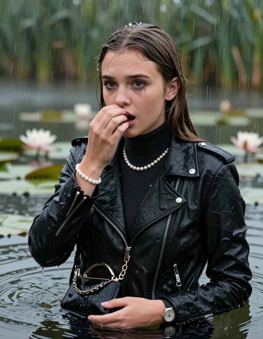 photo of young woman, in soaking wet, drenched clothes,
, , Black Biker leatherjacket, tight knit turtleneck sweater belly free, handbag, pearl necklace, bracelet, wristwatch, drowning in a lake with water lilies and reeds, heavy rain falls directely on her heads, 
enjoying, wet clothes stuck to body,
detailed textures of the wet clothes, wet face, wet plastered hair,
wet, drenched, professional, high-quality details, full body view.
sharp focus, ultra-high pixel detail, realistic, high-quality, full colors, incredibly detailed, 4k, 8k, 16k, hyper-realistic, RAW photo, masterpiece, ultra-detailed, professionally color graded, professional photograph, sleek long straight hair

15 years old  teenage girls

Only head and shoulders are over the surface visible. Open mouth, big eyes. Eyeliner is running down the cheeks. hold her hand in front of her nose.

The girls wear different clothes.

she is completely underwater up to her neck, afraid and astonished expression. 

her clothing is soaking wet and clinging tightly to her skin, showing heavy wet folds, darkened fabric texture, and deep water-saturated Patches, her clothes are heavy from the water, water runs from her body and her clothes in streams. A lot of water also runs out of her clothes. Her clothes are darkened by the water. Her submerged clothes are good visible under the water.  she soaked her handbag into the water.

close up view, wet skin, wet clothes, wet hair, damp fabric, water runs down the clothes, wet skin, wet clothes, damp fabric. cinematic medium shot, hyper-realistic wetness, high-contrast water sheen, sharp focus, 16k resolution, professional photography, realistic water physics., wet skin, wet clothes, damp fabric, wet skin, wet clothes, damp fabric, wet skin, wet clothes, damp fabric