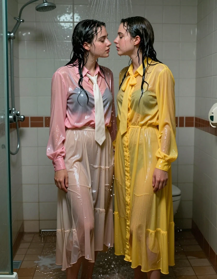A hyper-realistic cinematic shot of two nerdy young adult European female teachers, deeply in love, standing inside a flooded gym shower. The first woman wears a pink satin long-sleeved oversized buttoned-down blouse with a white necktie, paired with a beige floor-length excessively long silk skirt with layers of petticoat and sandals. The second woman wears a long floor-length yellow buttoned-down dress with a pussy bow. Both women are thoroughly drenched, their clothes clinging to their bodies with heavy, water-soaked folds, deep color saturation changes, and translucent textures. Their hair is slicked back, wet strands clinging to their faces and necks, with glistening water sheen on their skin. The environment is a tiled, dimly lit gym shower with water cascading from overhead, creating puddles and splashes on the floor. The atmosphere is intimate and tender, capturing their romantic connection. High-resolution photography, sharp focus on skin textures, realistic water refraction, dramatic overhead lighting reflecting off wet surfaces, 8k, highly detailed fabric physics.