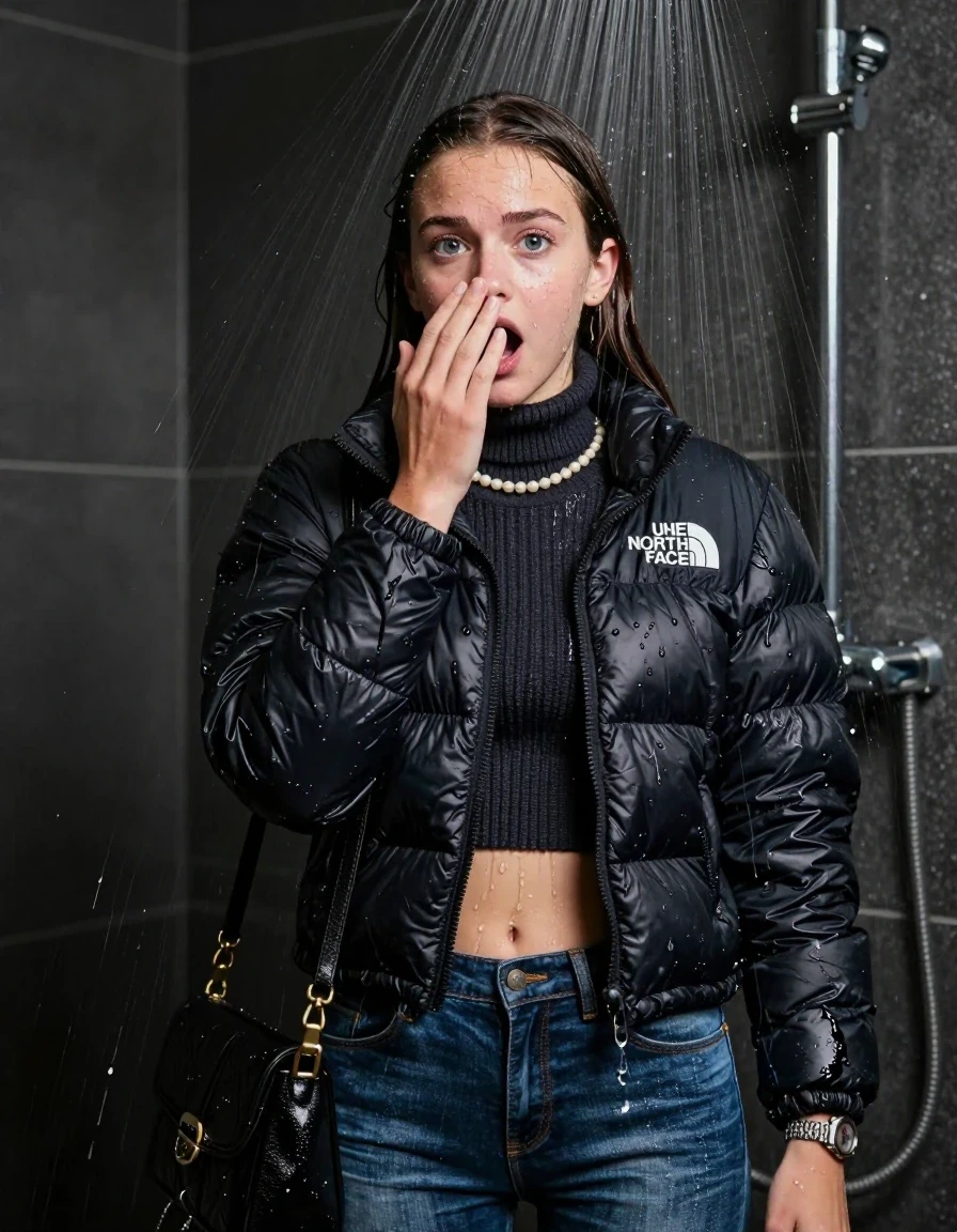 photo of young woman, in soaking wet, drenched clothes,
, skinny jeans, black nuptse north face puffer down jacket, knit turtleneck sweater belly free, handbag, pearl necklace, bracelet, wristwatch, Under the shower, strong jet of water, party shower, 
enjoying, wet clothes stuck to body,
detailed textures of the wet clothes, wet face, wet plastered hair,
wet, drenched, professional, high-quality details, full body view.
sharp focus, ultra-high pixel detail, realistic, high-quality, full colors, incredibly detailed, 4k, 8k, 16k, hyper-realistic, RAW photo, masterpiece, ultra-detailed, professionally color graded, professional photograph, sleek long straight hair

 15 years old  teenage girl

Only head and shoulders are over the surface visible. Looking at camera. Hold her hand on in front of her nose.  open mouth, big eyes.

The girls wear different clothes.

she is completely underwater up to her neck, shocked and embarrassed expression. 

her clothing is soaking wet and clinging tightly to her skin, showing heavy wet folds, darkened fabric texture, and deep water-saturated Patches, her clothes are heavy from the water, water runs from her body and her clothes in streams. A lot of water also runs out of her clothes. Her clothes are darkened by the water. Her submerged clothes are good visible under the water.  she soaked her handbag into the water.

close up view, wet skin, wet clothes, wet hair, damp fabric, water runs down the clothes, wet skin, wet clothes, damp fabric. cinematic medium shot, hyper-realistic wetness, high-contrast water sheen, sharp focus, 8k resolution, professional photography, realistic water physics., wet skin, wet clothes, damp fabric, wet skin, wet clothes, damp fabric, wet skin, wet clothes, damp fabric